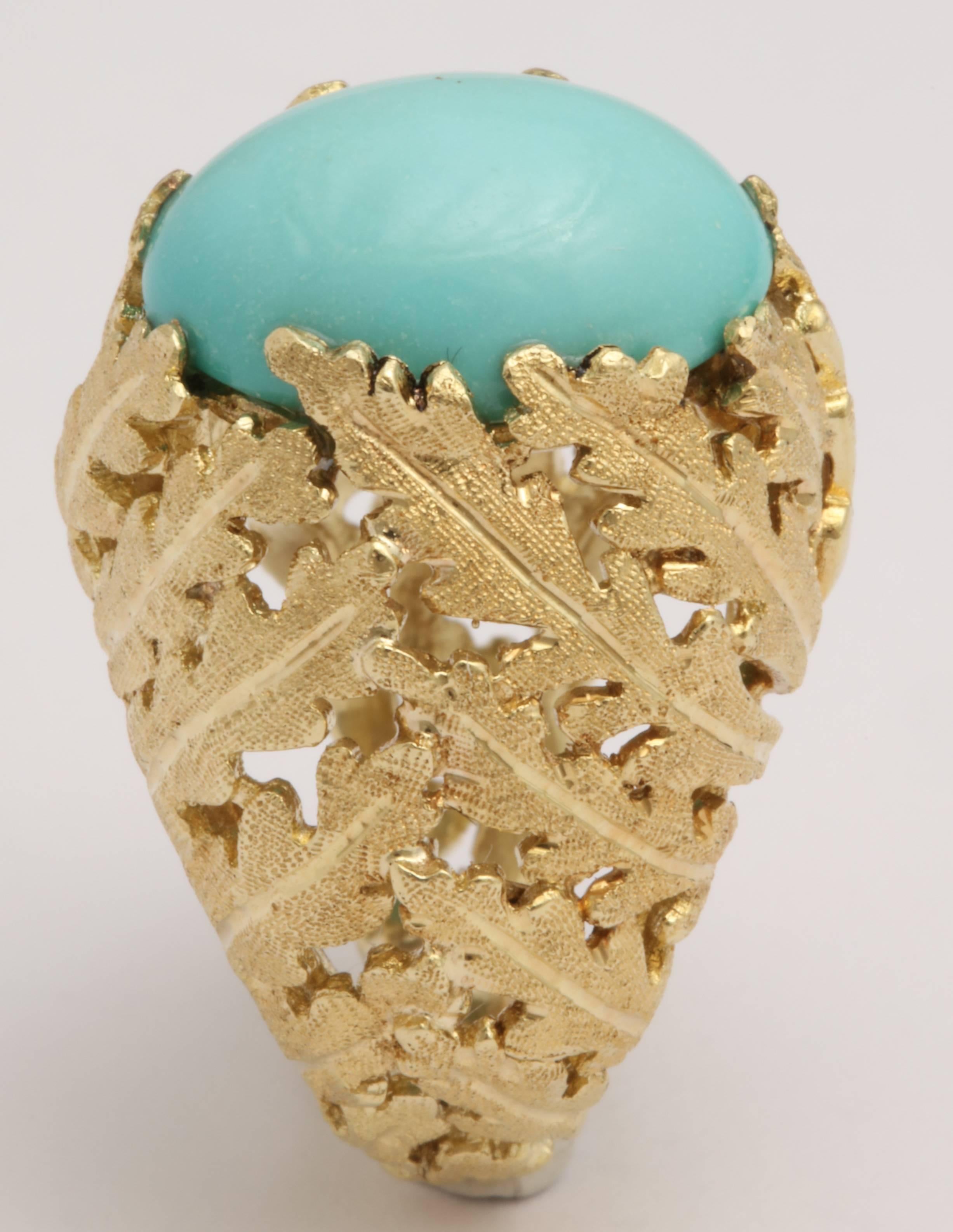 Turquoise and Gold Foliate Ring For Sale 2