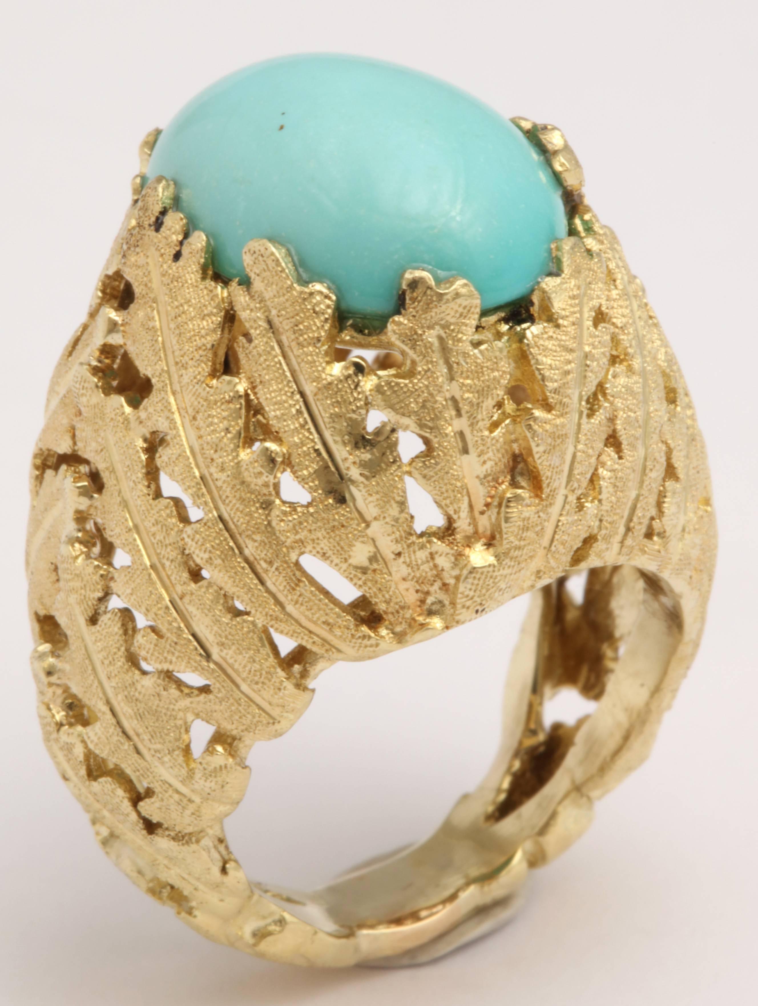 Turquoise and Gold Foliate Ring For Sale 3