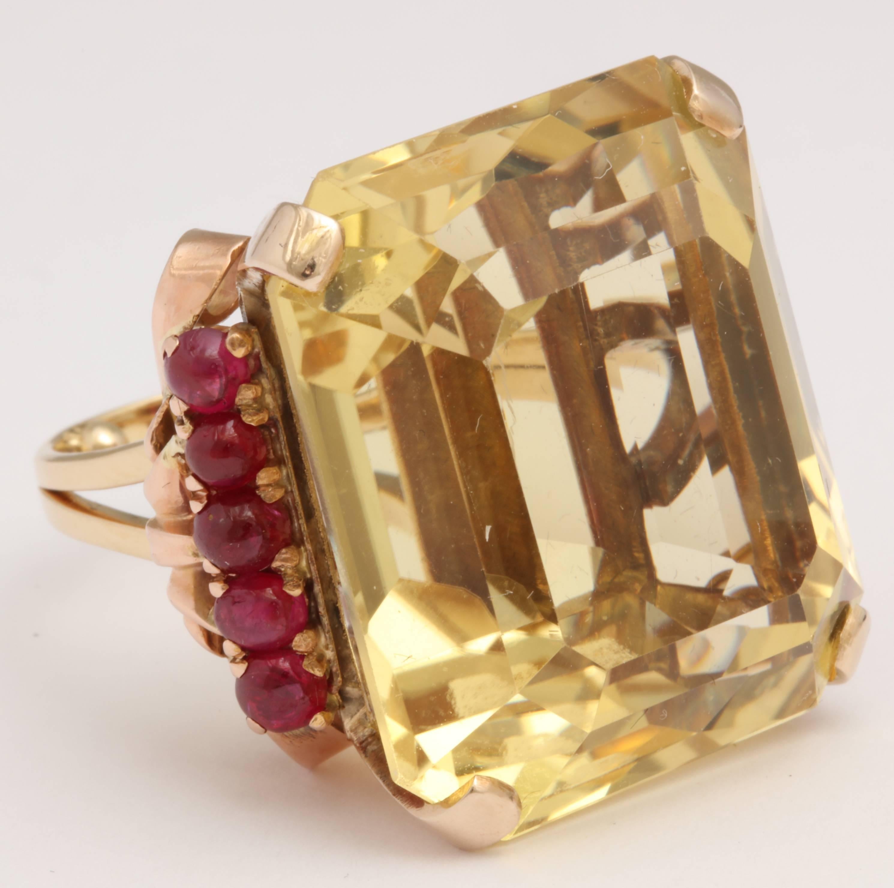 Retro 1940s Citrine Cabochon Ruby Rose Gold Ring