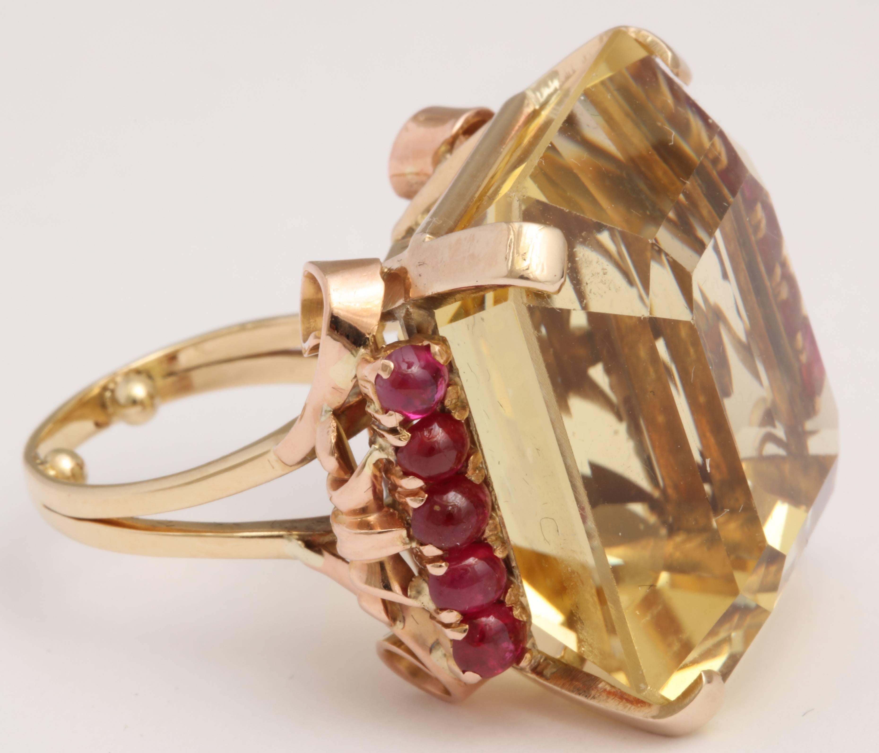 1940s Citrine Cabochon Ruby Rose Gold Ring In Excellent Condition In New York, NY