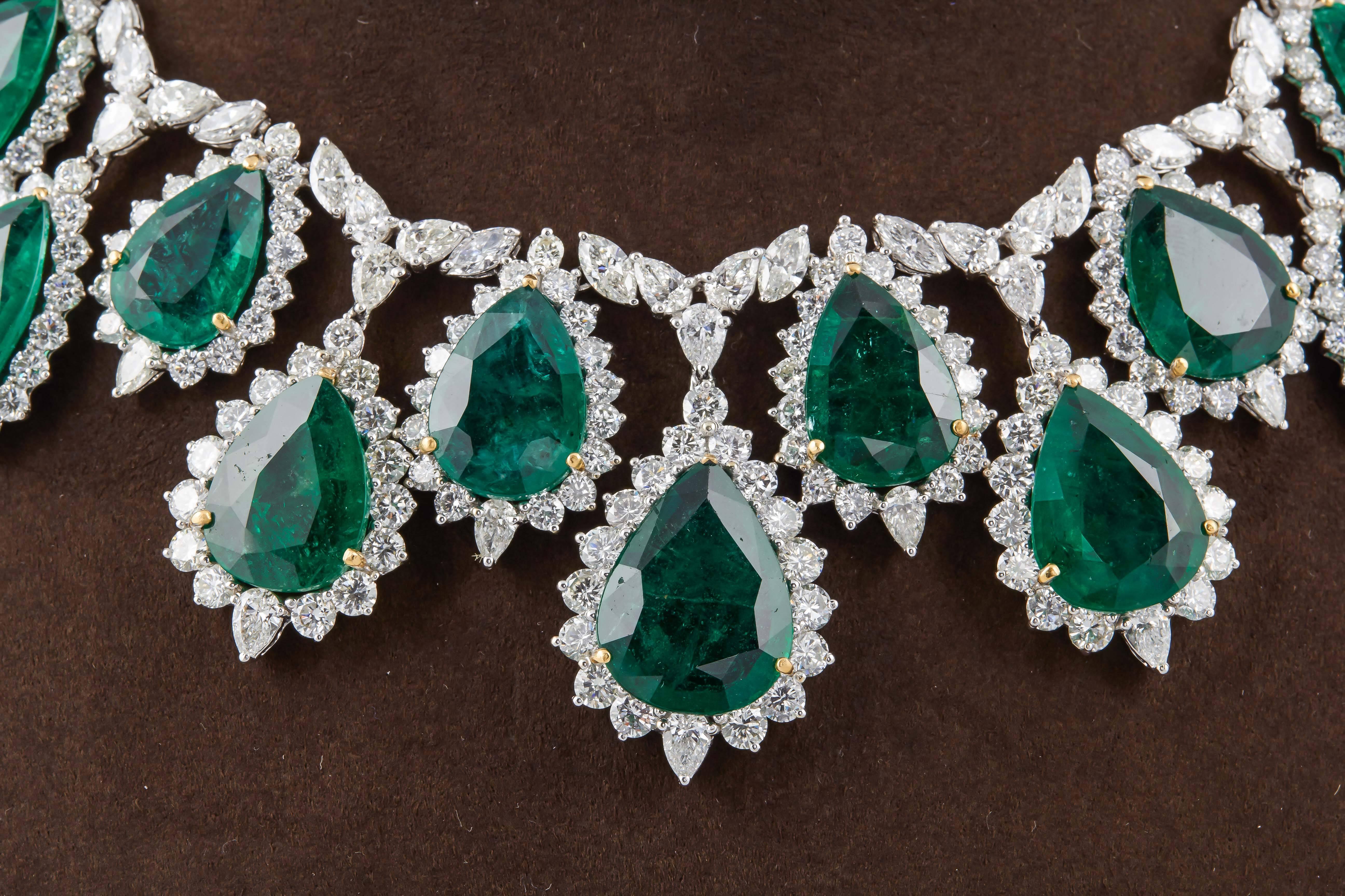 

An amazing piece! One of a kind!

This grand necklace features over 118 carats of fine green pear shaped emeralds. You have 63.72 carats of round, pear and marquise shaped diamonds all F/G color and VS clarity. The necklace is made in 18k white