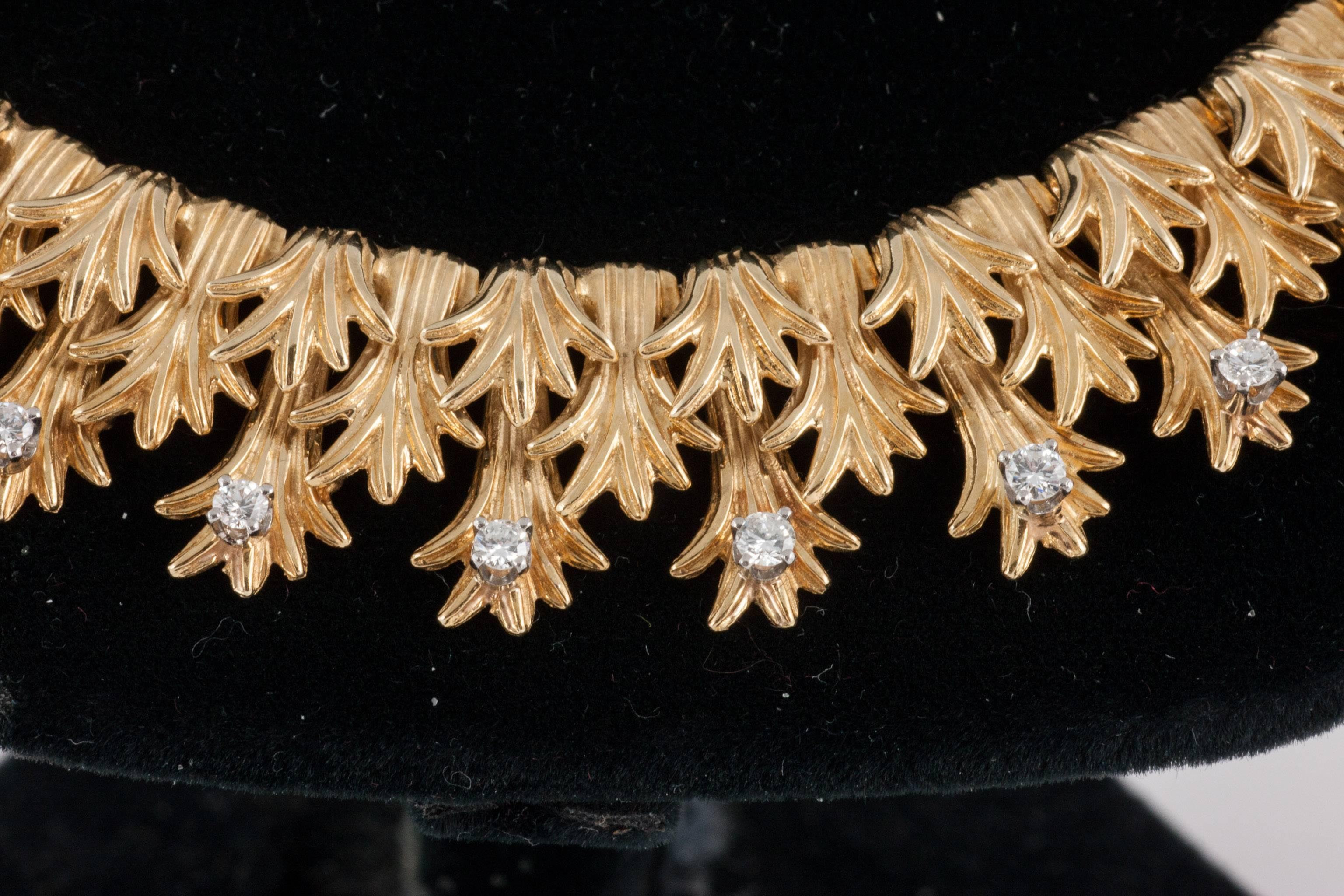 1960's textured 18ct Gold and Diamond set fringed necklaceset with small Diamonds.