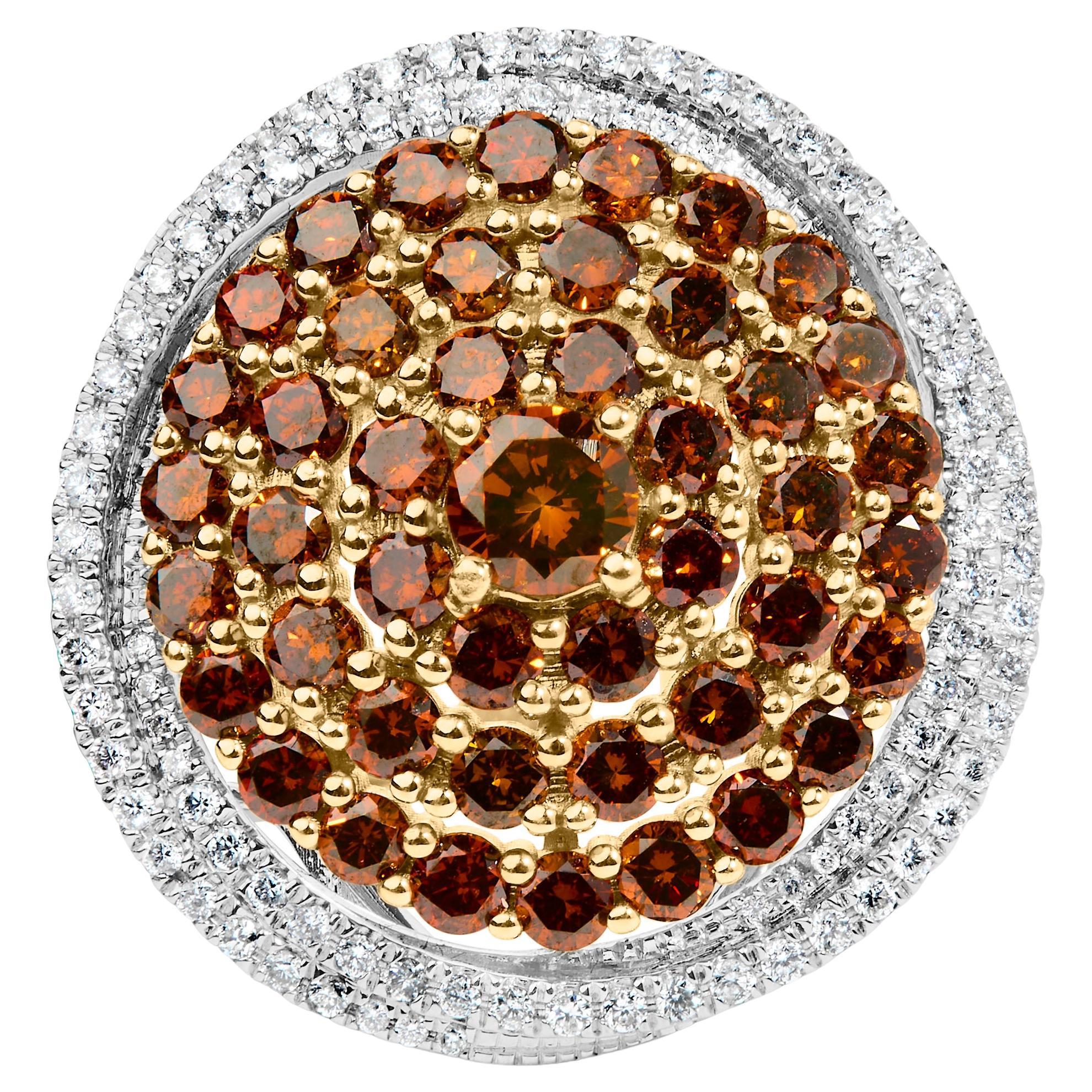 Bague de cocktail en or blanc 14K 3.00 Cttw Orange Brown Diamond Halo Swirl en vente