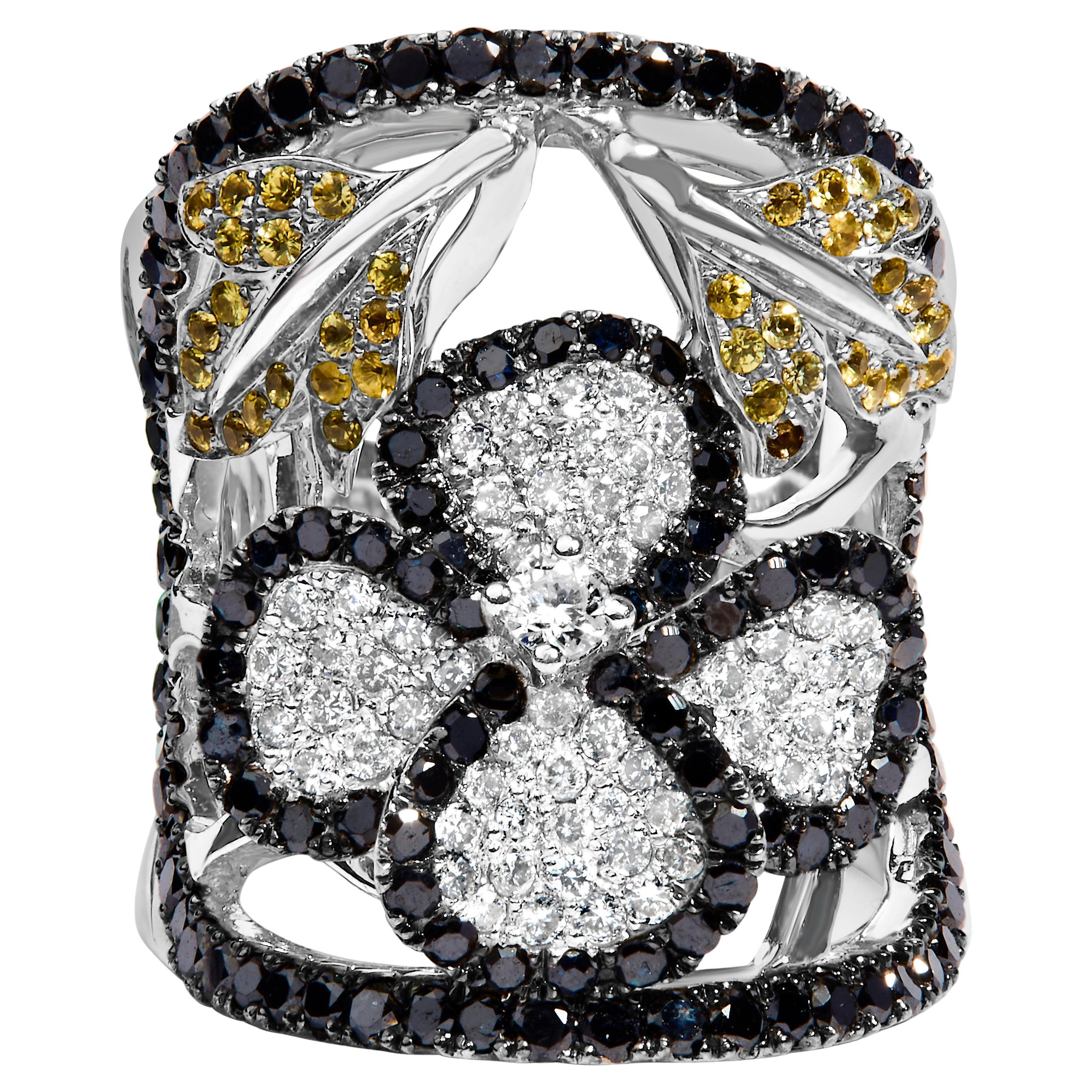 14K White Gold 2 3/5ct Black & White Diamond and Sapphire Cocktail Ring Band