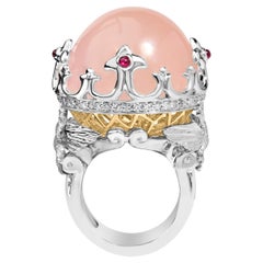 14K White Gold Pink Quartz Crystal Ball & Diamond & Ruby Crown Cocktail Ring