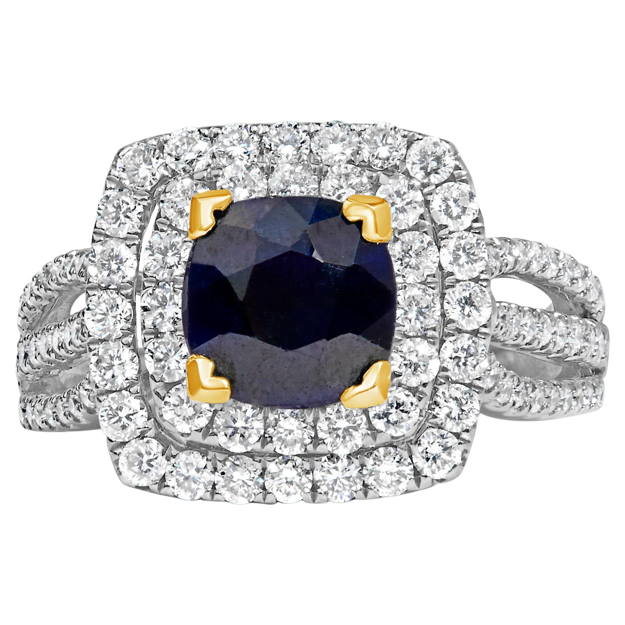 14K White Gold 7X7 Blue Sapphire 1 1/2 Cttw Diamond Halo Engagement Ring