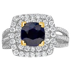 14K White Gold 7X7 Blue Sapphire 1 1/2 Cttw Diamond Halo Engagement Ring