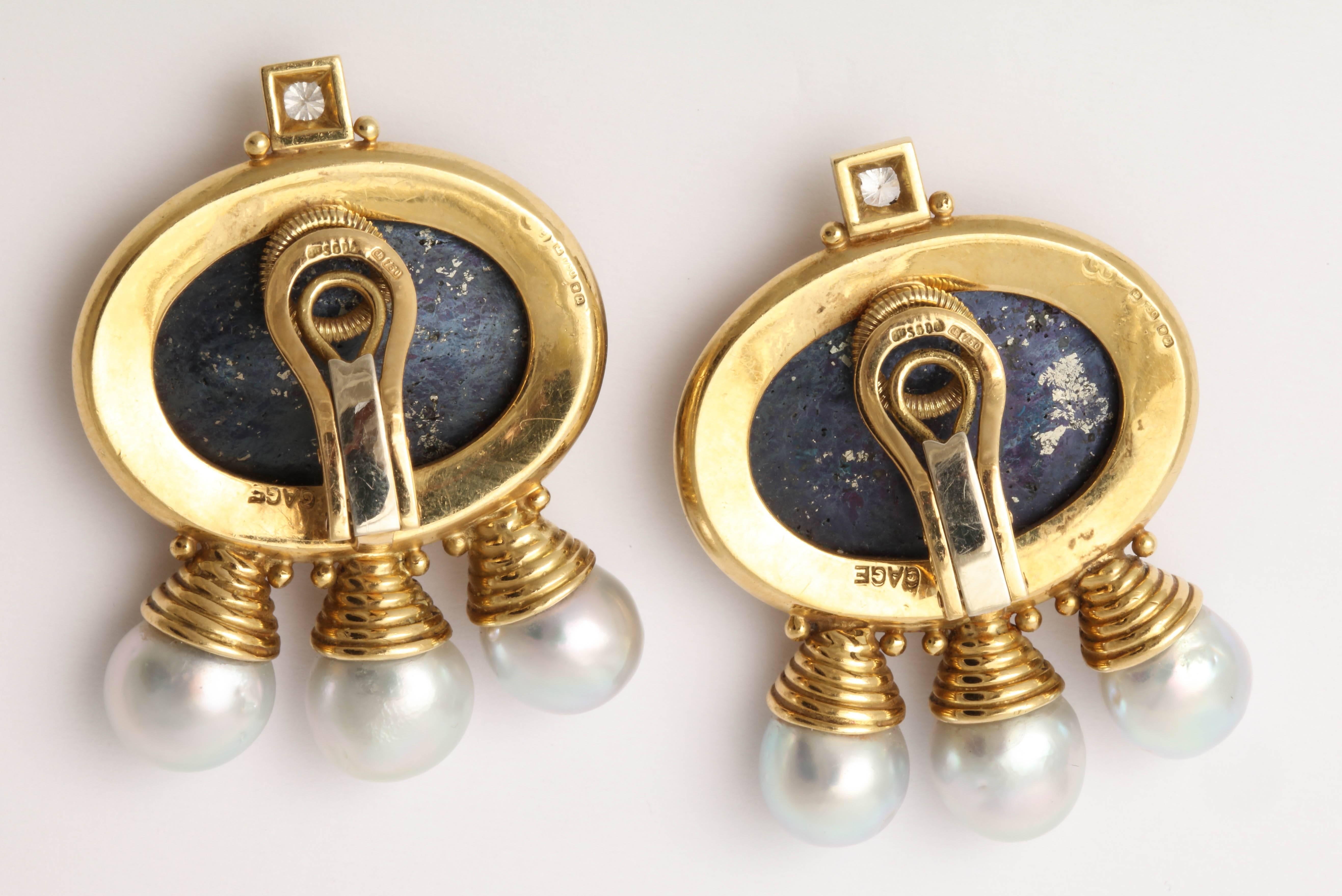 1990s Elizabeth Gage Grey Goldstone Pearls Diamond Gold Earrings In Excellent Condition In New York, NY