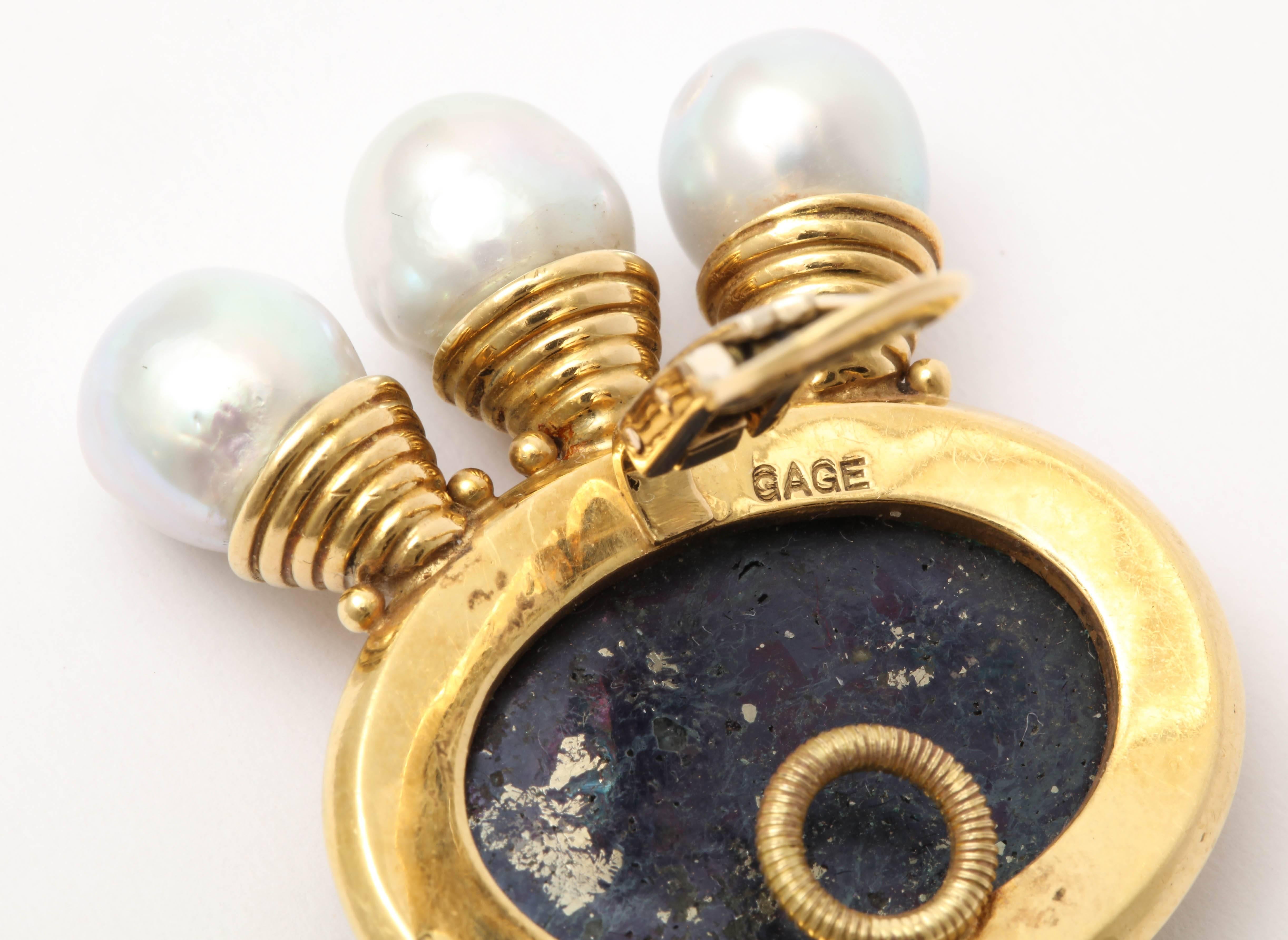 Women's 1990s Elizabeth Gage Grey Goldstone Pearls Diamond Gold Earrings