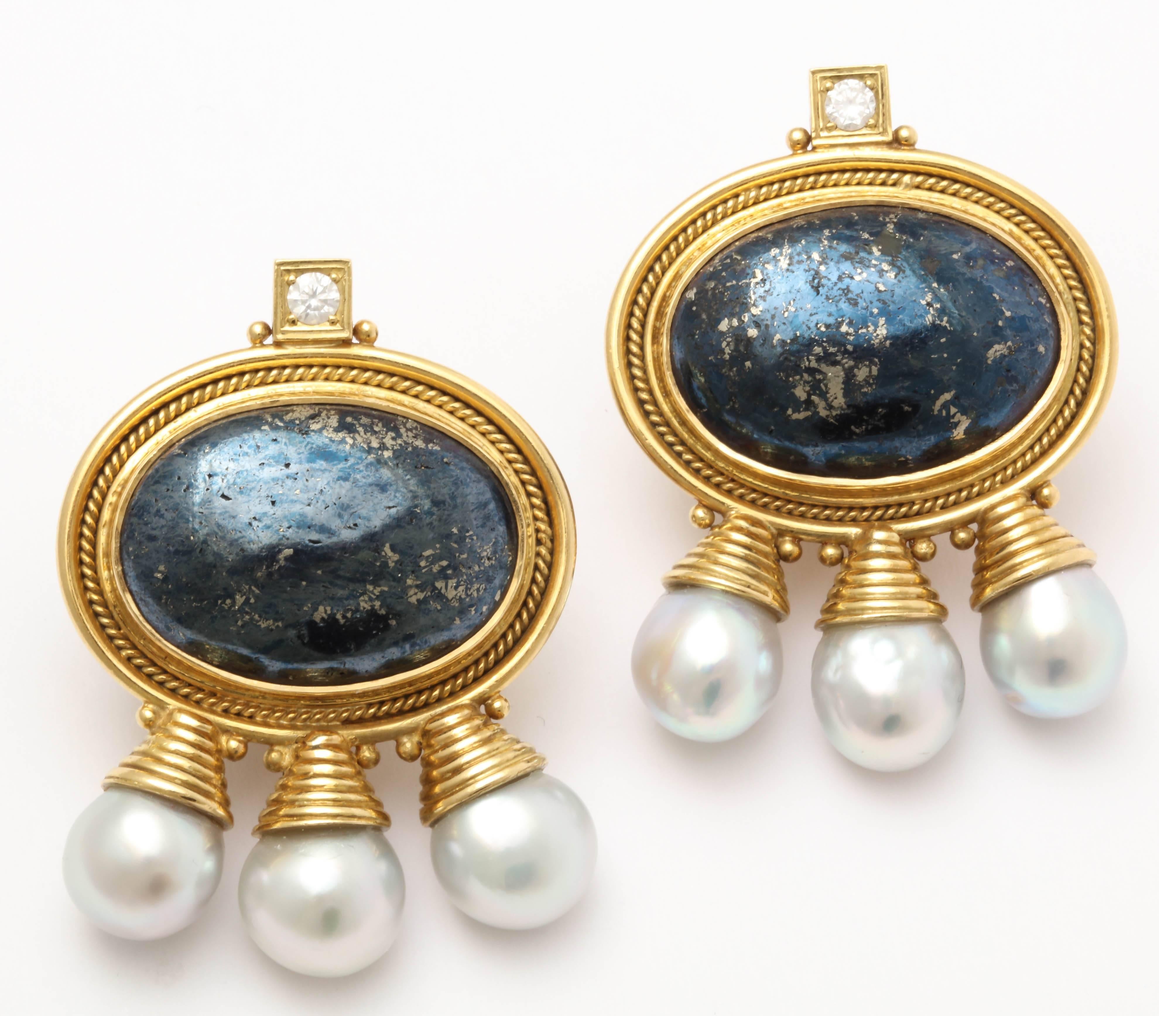 1990s Elizabeth Gage Grey Goldstone Pearls Diamond Gold Earrings 2