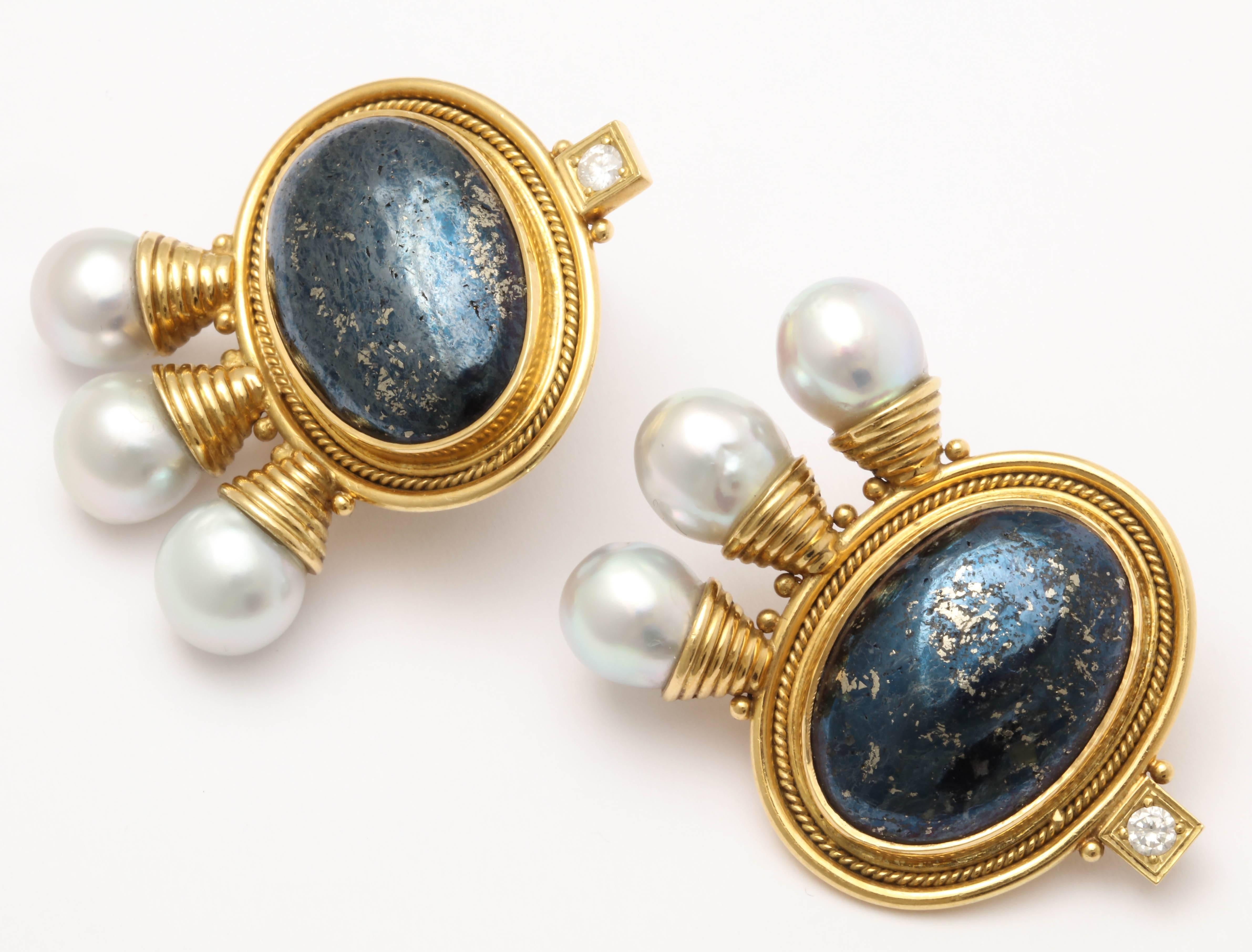 1990s Elizabeth Gage Grey Goldstone Pearls Diamond Gold Earrings 3