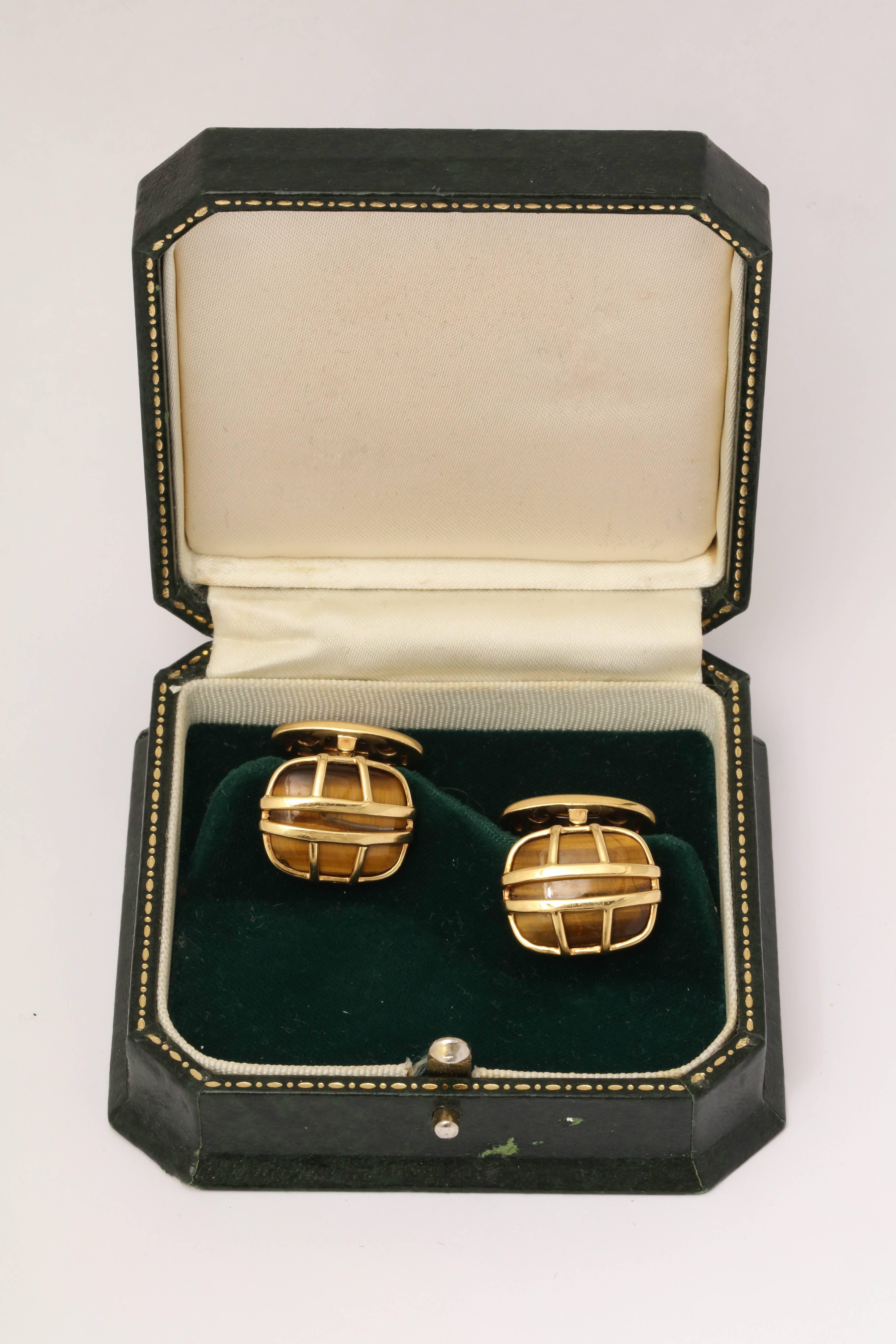 1990s Di Modolo Tiger's Eye in the Cage Flip Up Gold Cufflinks For Sale 1