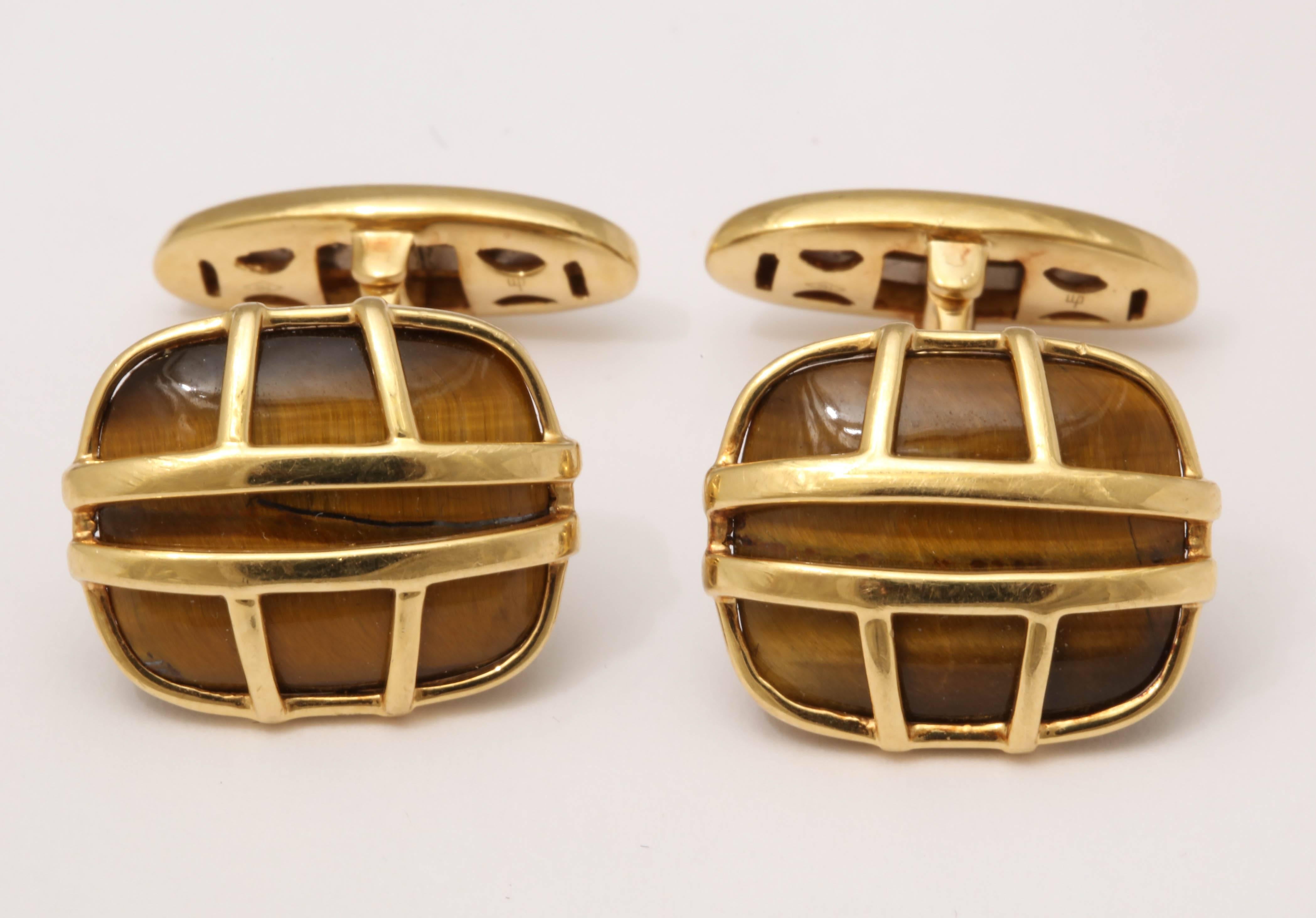 1990s Di Modolo Tiger's Eye in the Cage Flip Up Gold Cufflinks For Sale 2