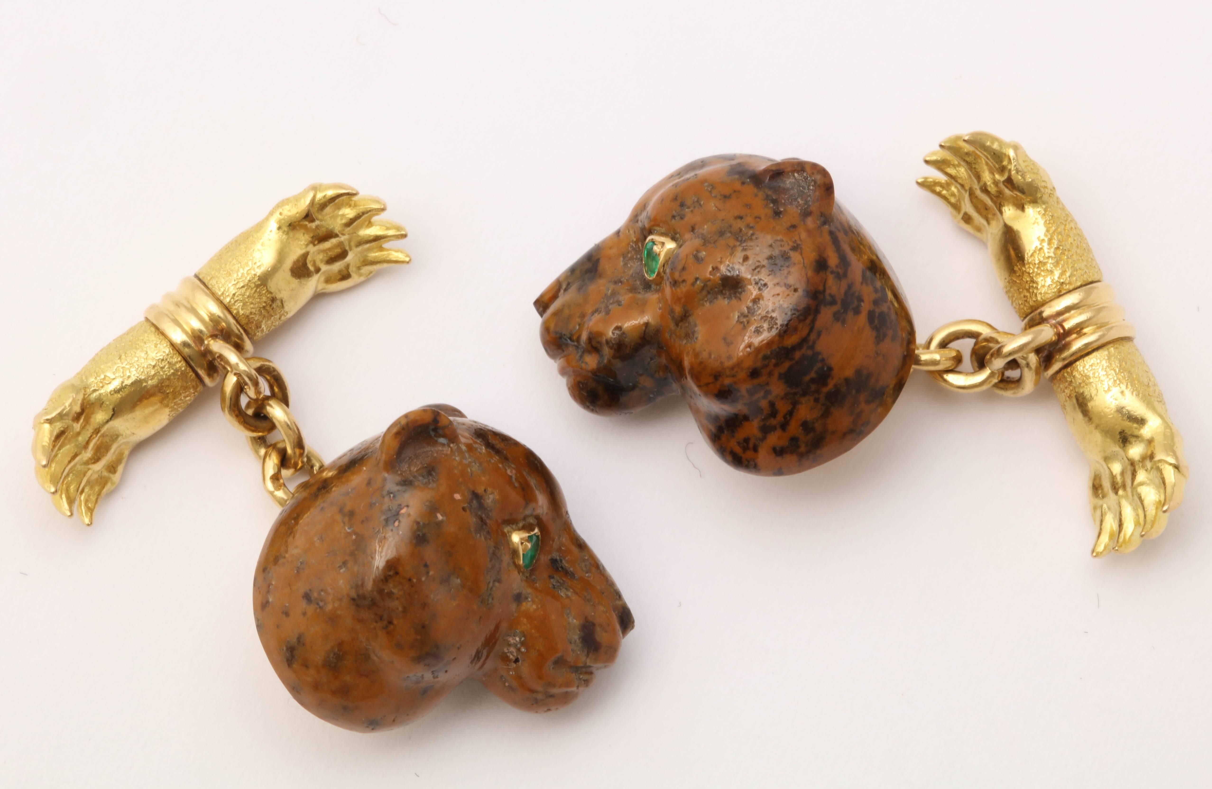 One Pair Of Gentlemen's Unique And Rare Figural Cheetah Cufflinks Composed Of A Unique Brown Agate Stone Carved To Represent A Spotted Cheetah Face And Uniquely Finished Off With A Handmade Claws Of The Cheetah 18kt Gold Workmanship Which Finishes