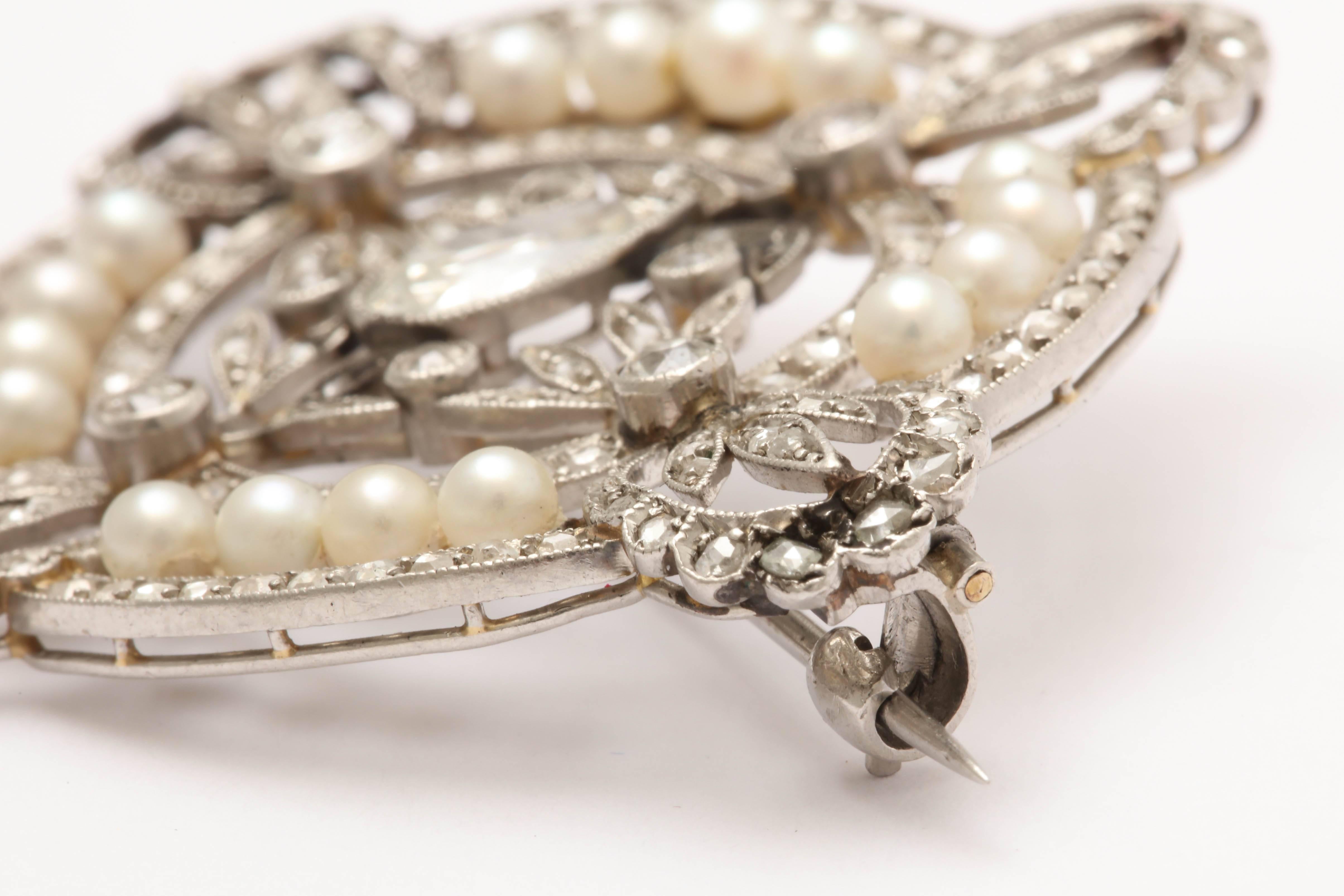 1910 Edwardian Delicate And Reticulated Diamond With Pearls Platinum Brooch 1