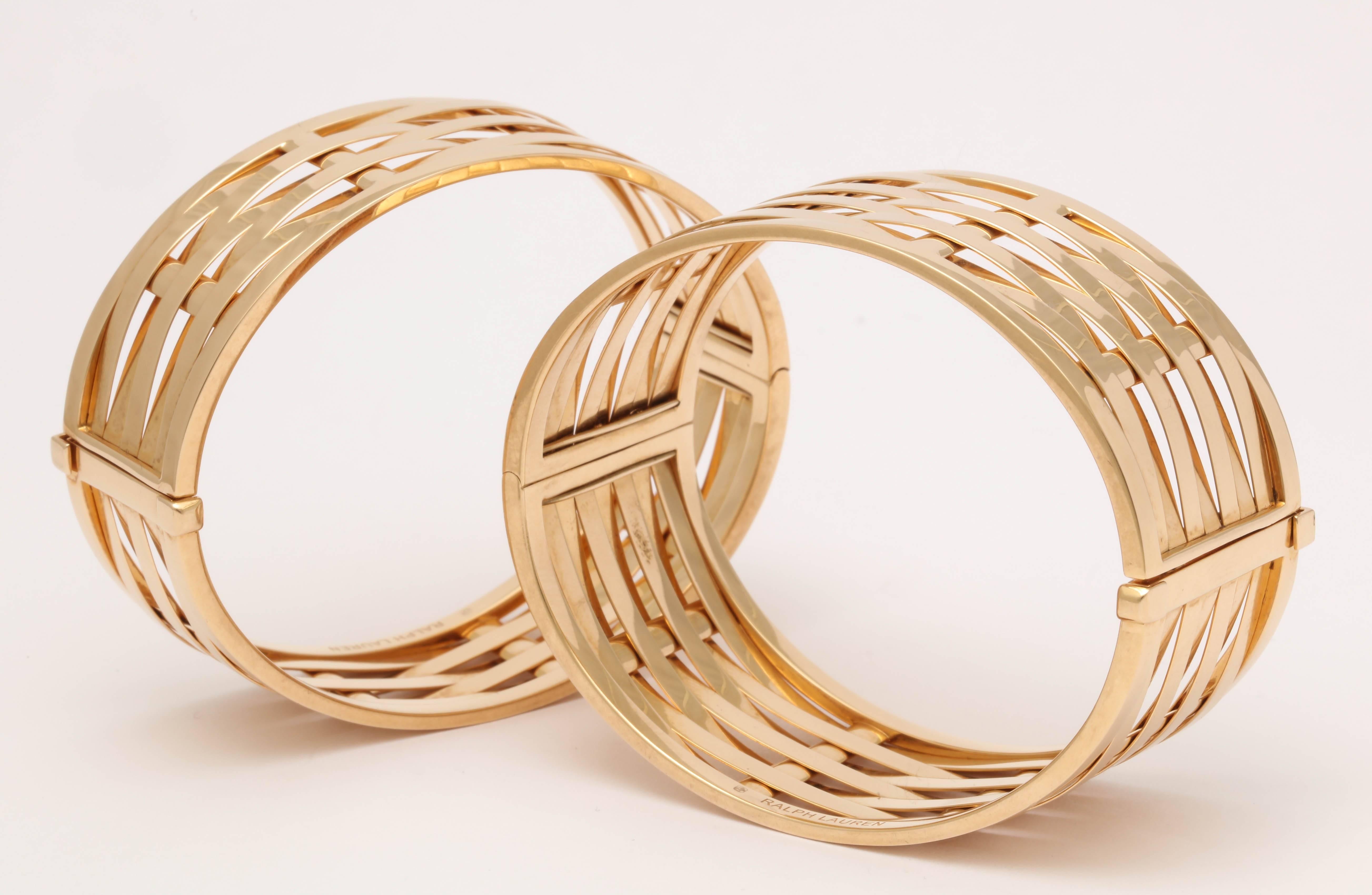Women's 1990's Ralph Lauren Pair Basket Weave Pattern Hinged Gold Bangle Bracelets