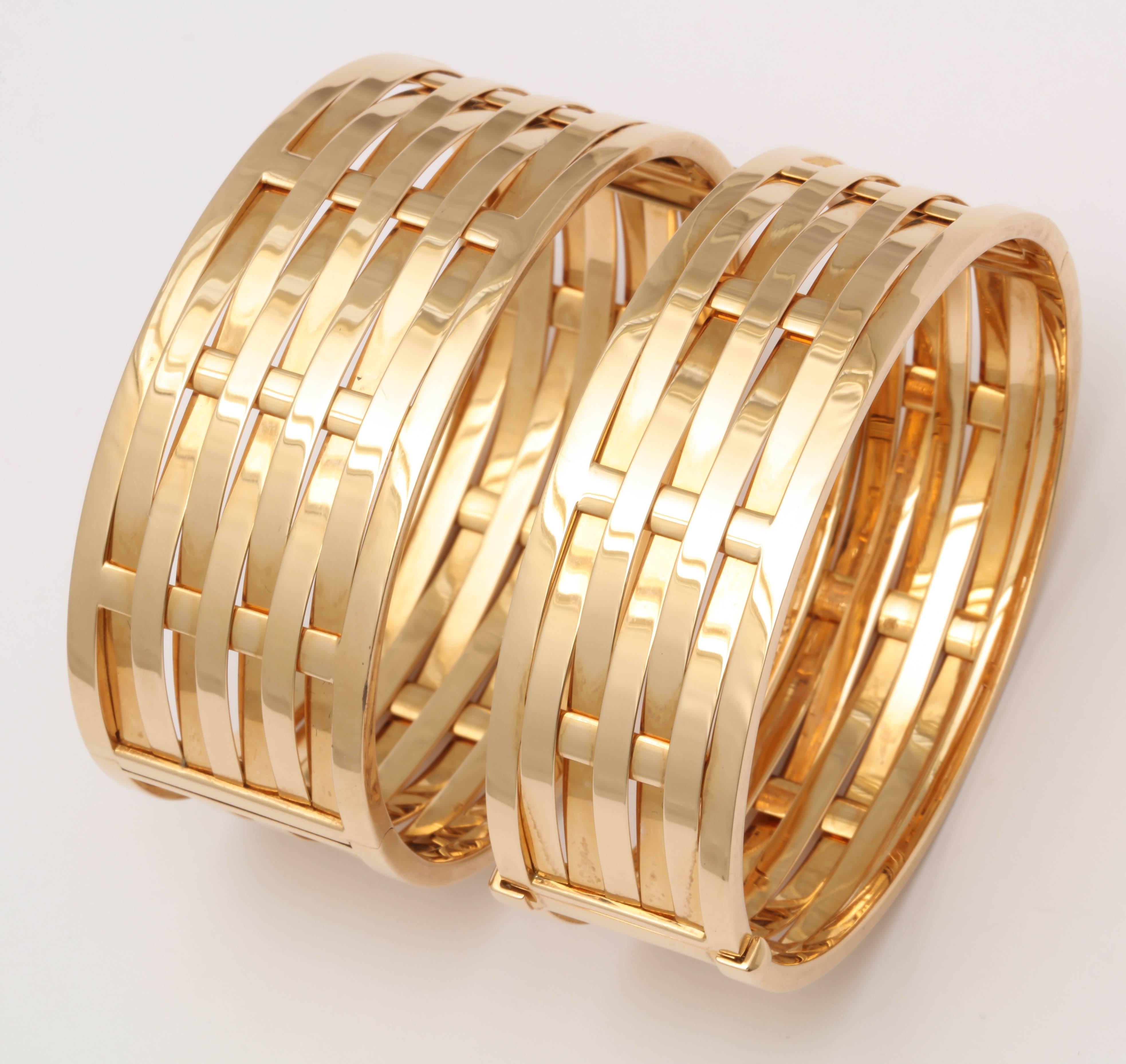 1990's Ralph Lauren Pair Basket Weave Pattern Hinged Gold Bangle Bracelets 1