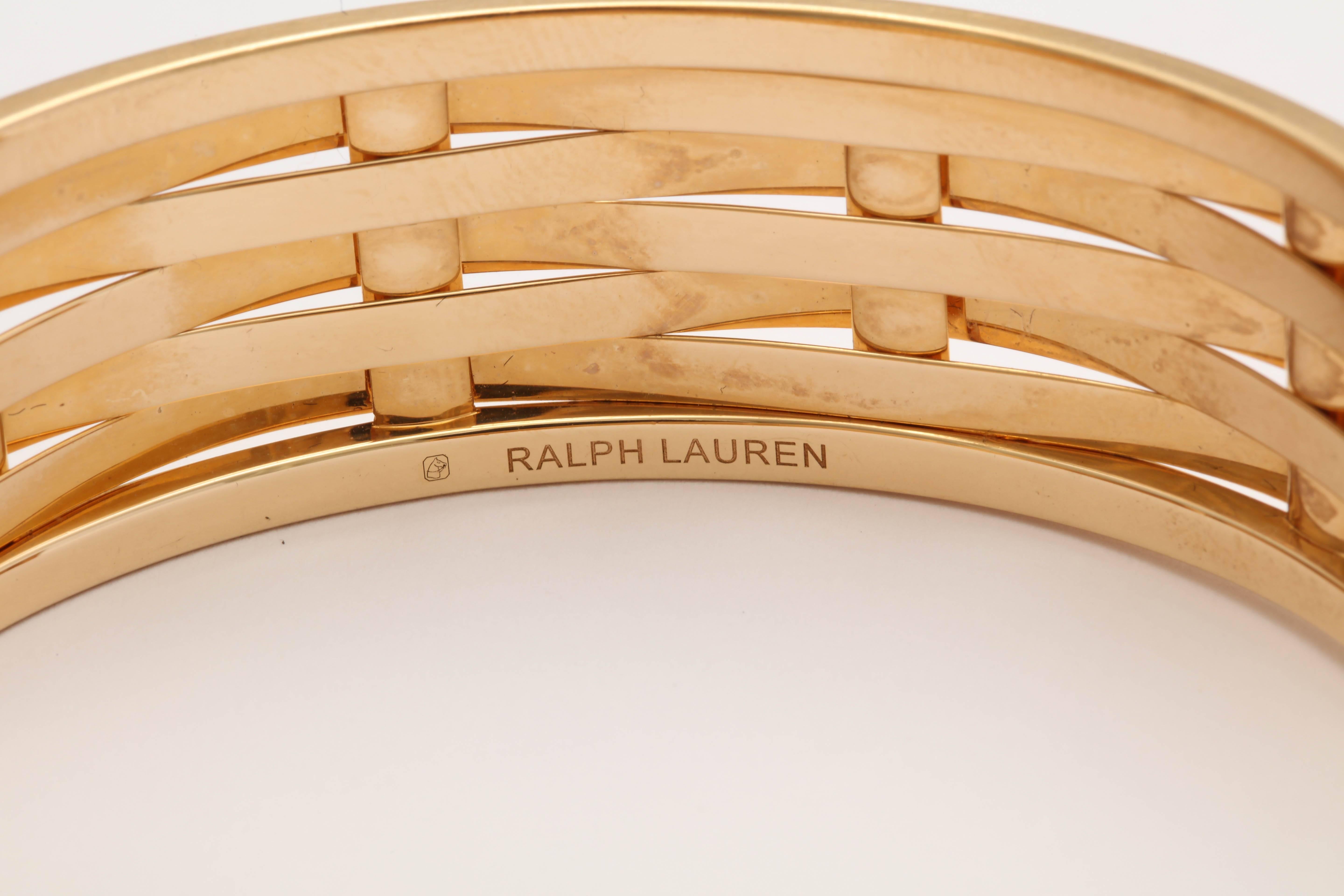 1990's Ralph Lauren Pair Basket Weave Pattern Hinged Gold Bangle Bracelets 4