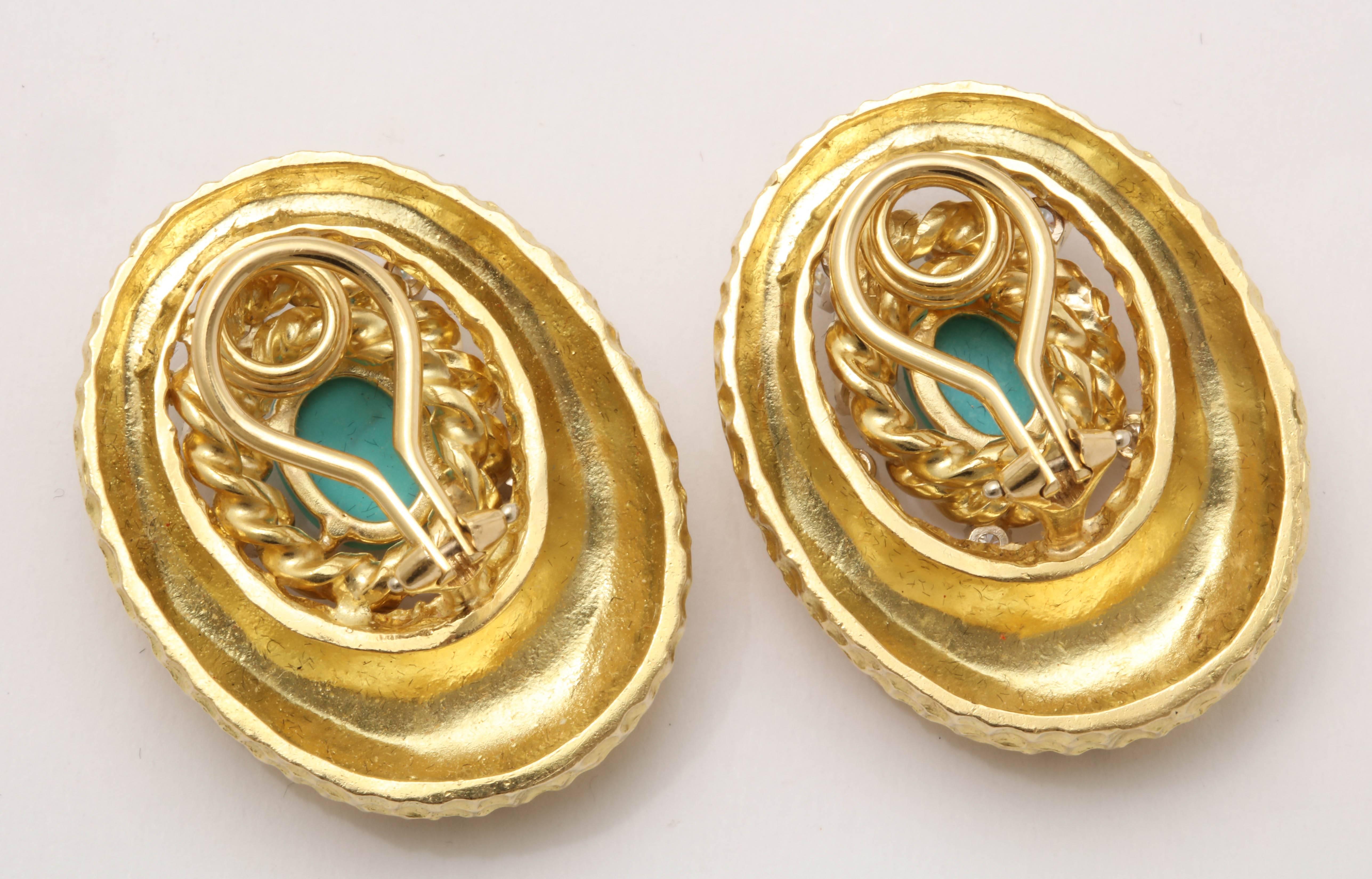 1960s Chic Oval Shaped Turquoise with Diamonds Gold Crater Design Earclips In Excellent Condition In New York, NY