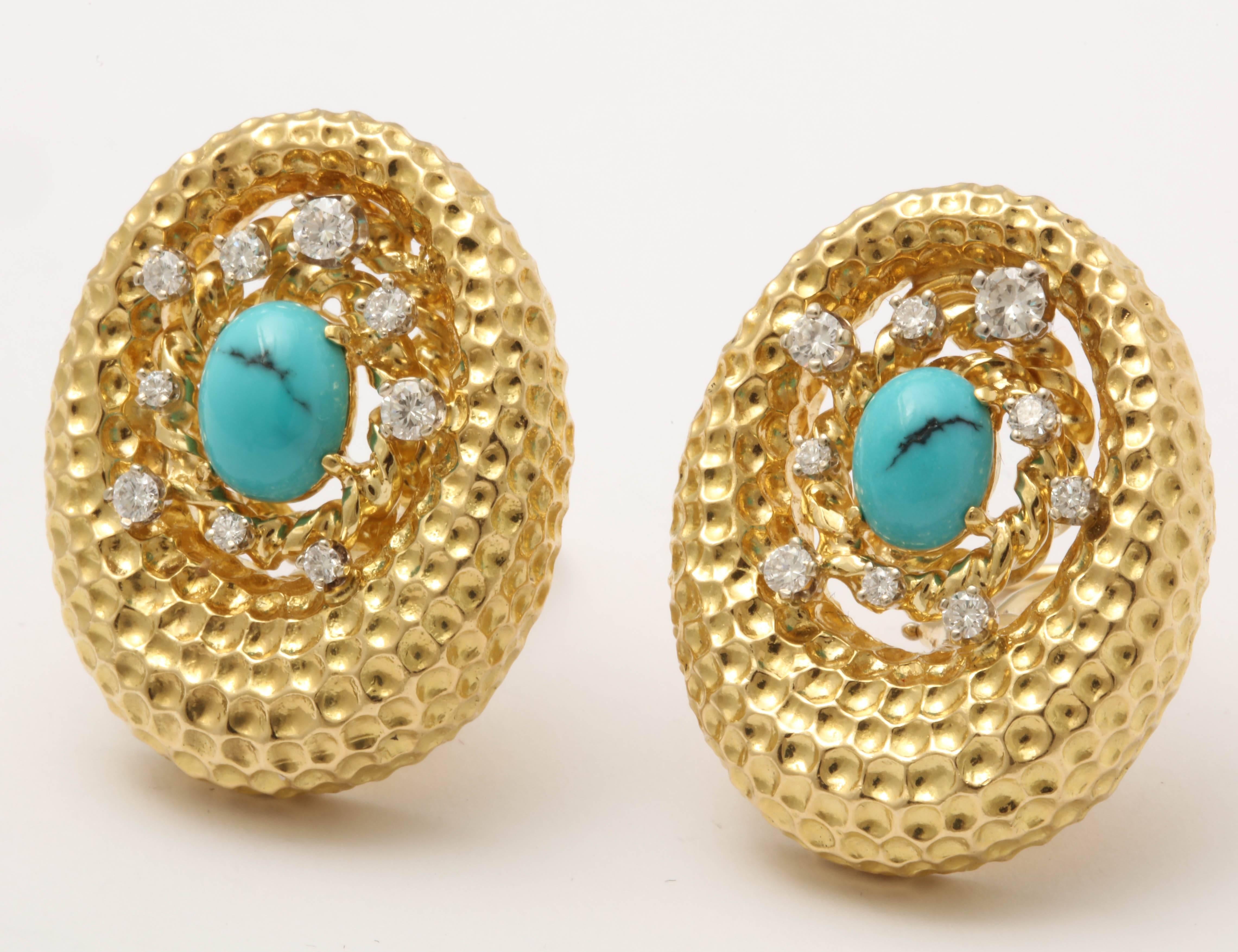 1960s Chic Oval Shaped Turquoise with Diamonds Gold Crater Design Earclips 1