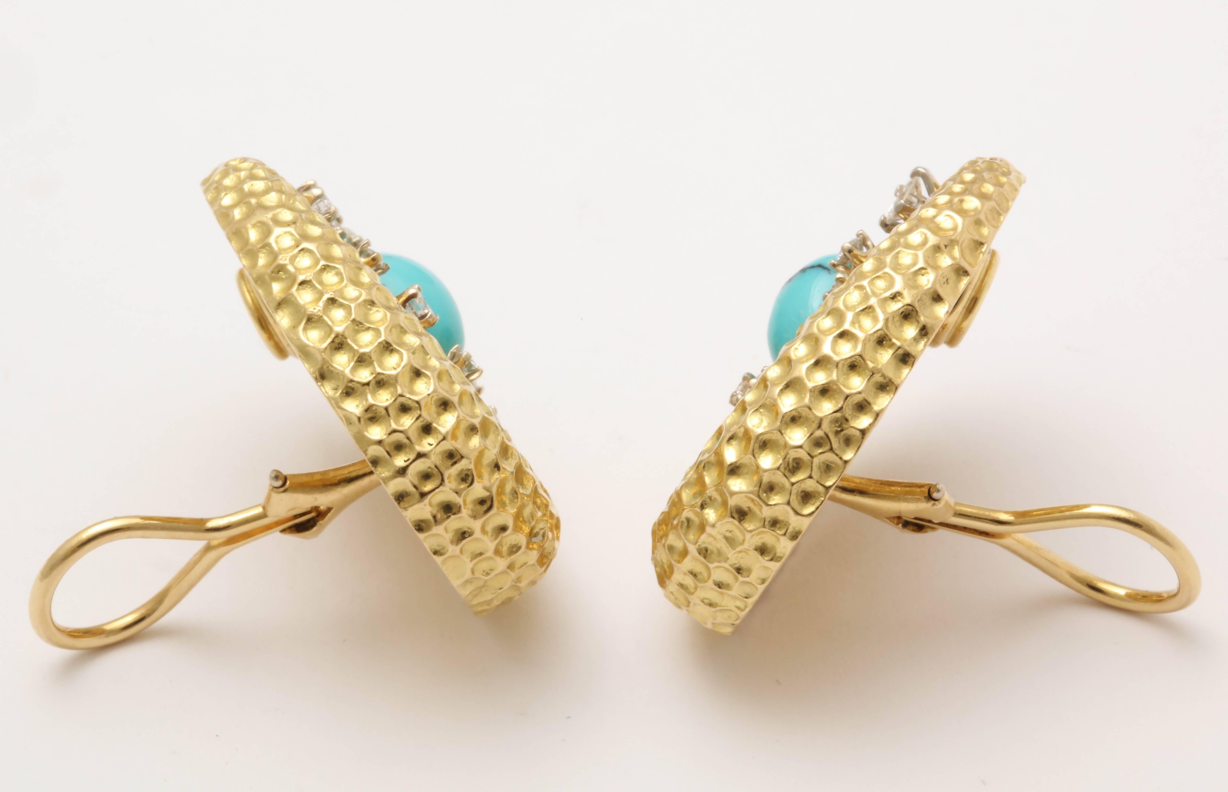 1960s Chic Oval Shaped Turquoise with Diamonds Gold Crater Design Earclips 2