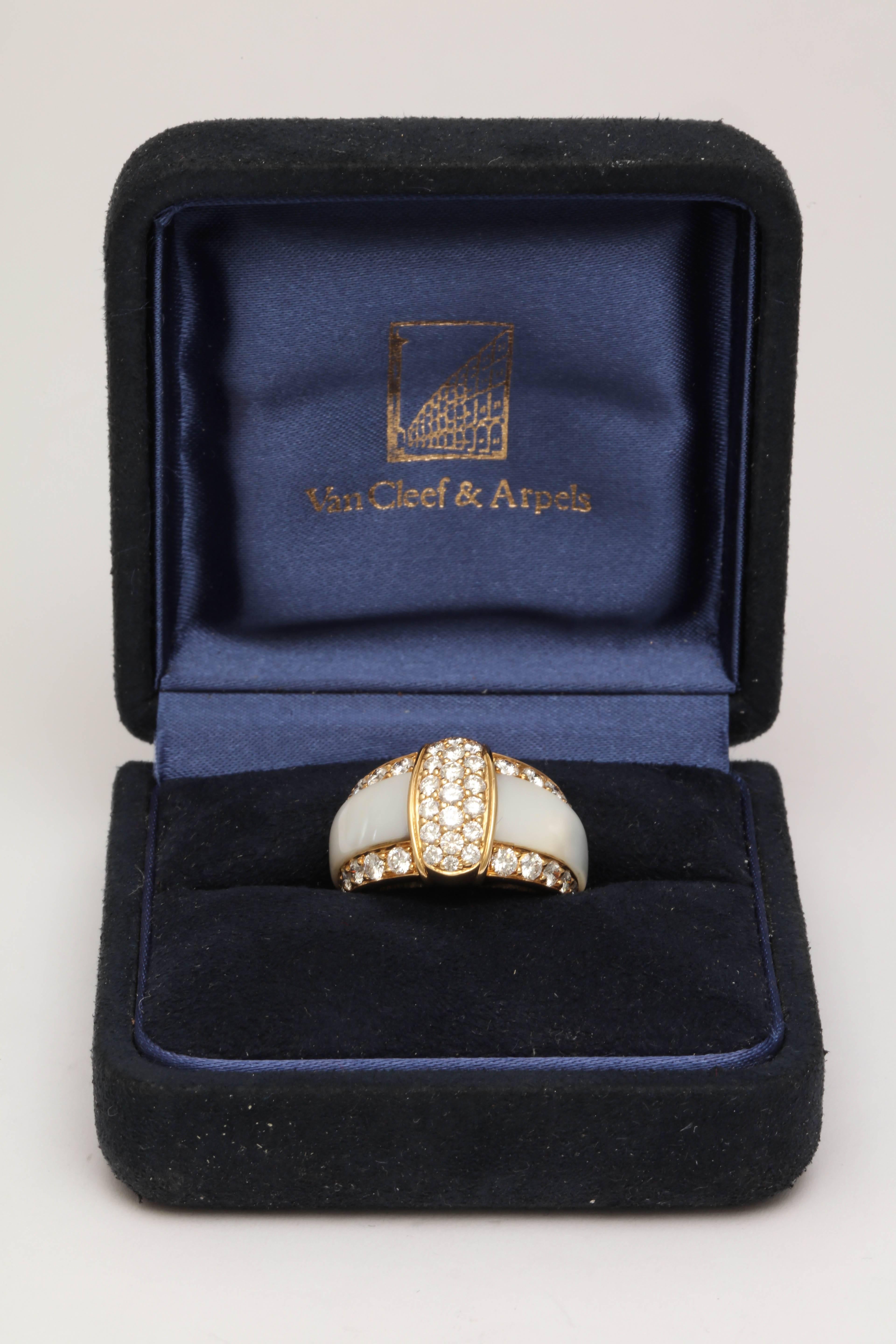 1980's Van Cleef & Arpels Paris Mother Of Pearl And Diamond Band Style Ring In Excellent Condition In New York, NY