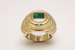 1980's Bezel Set Rectangular  Emerald  Diamond Gold  Dome Ring