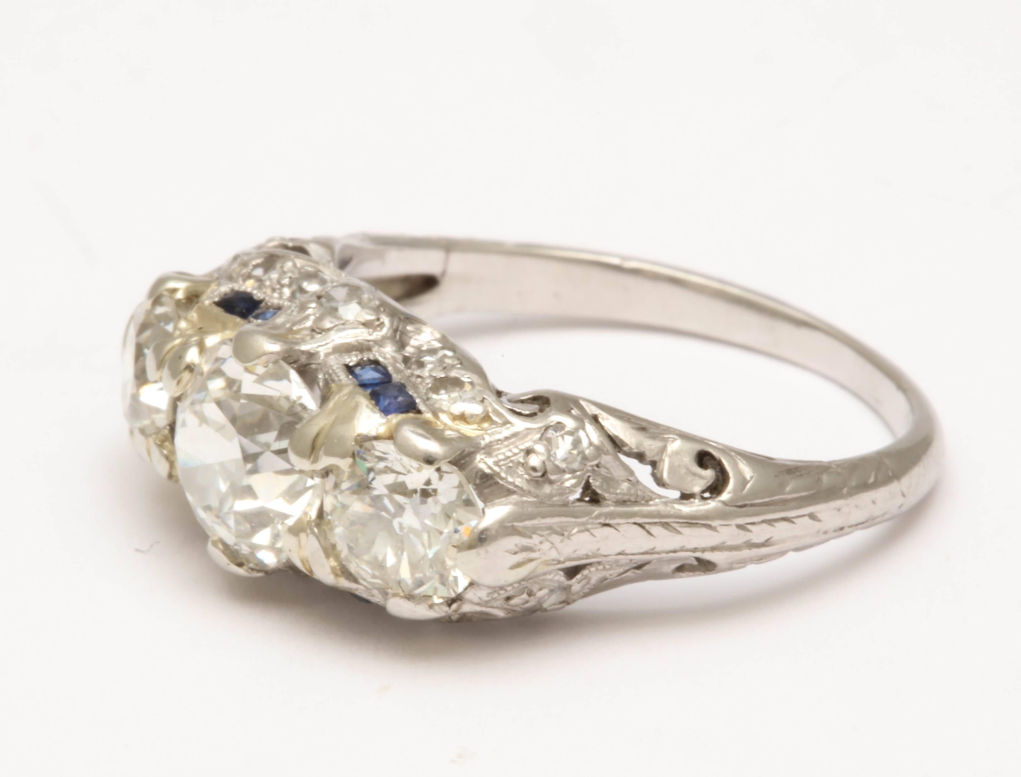 1920's Diamond And Sapphire Three Stone Past, Present And Future  Ring In Good Condition In New York, NY