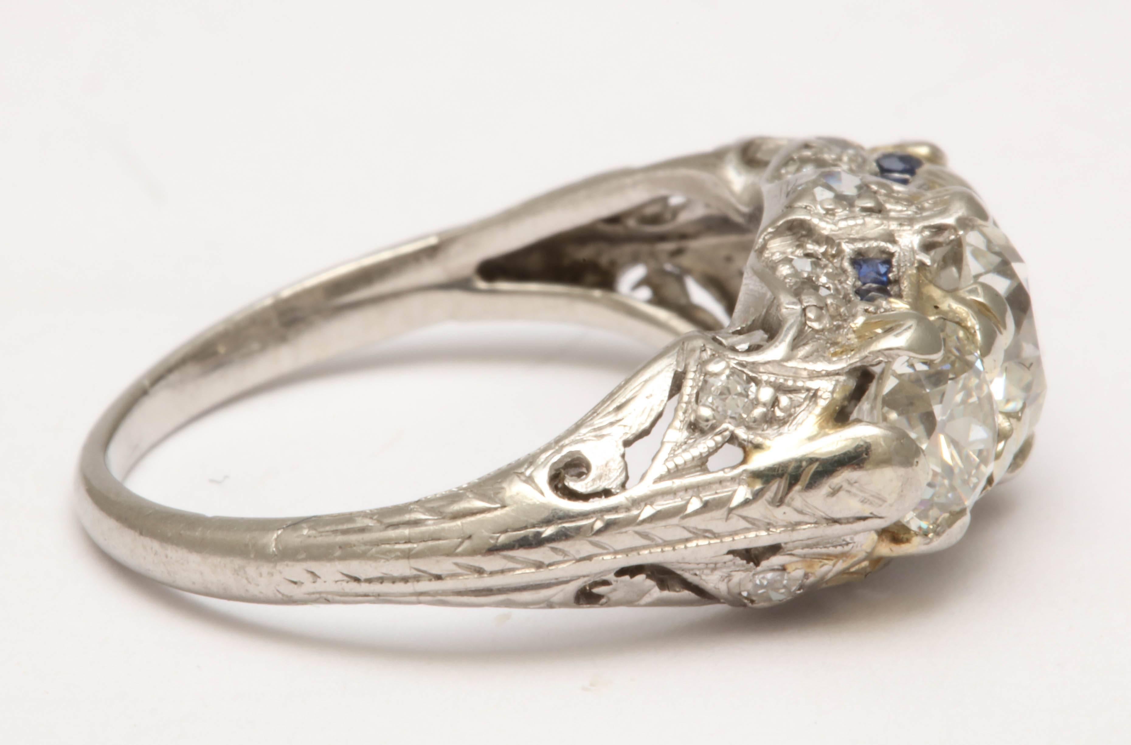 Women's 1920's Diamond And Sapphire Three Stone Past, Present And Future  Ring