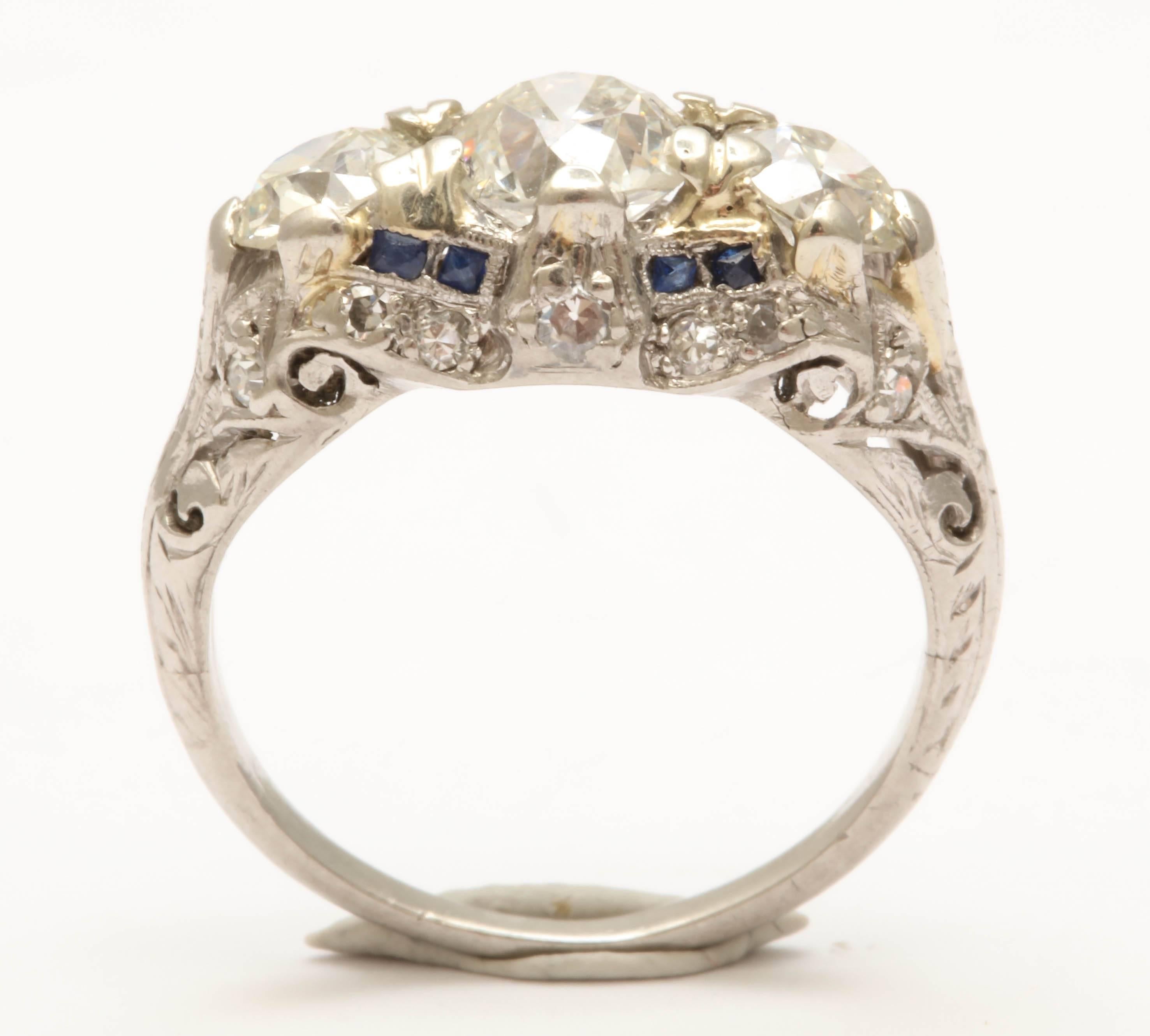 1920's Diamond And Sapphire Three Stone Past, Present And Future  Ring 2