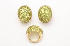1980's Pave Faceted Cut Peridot Gold Clip On Earrings And Ring Suite