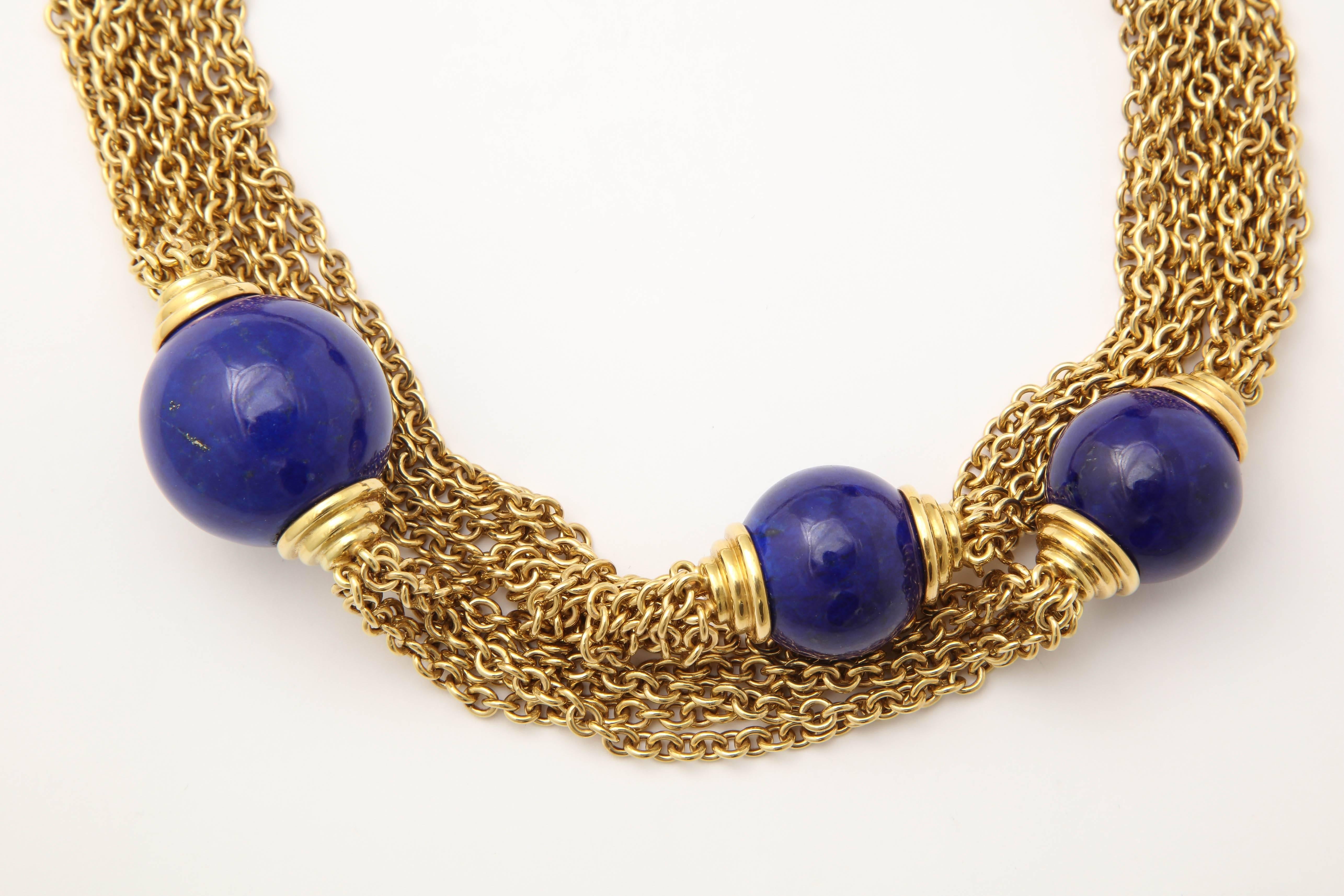 1970's Five Strand Large Lapis Lazuli Long Gold Open Link Chain Necklac In Excellent Condition In New York, NY