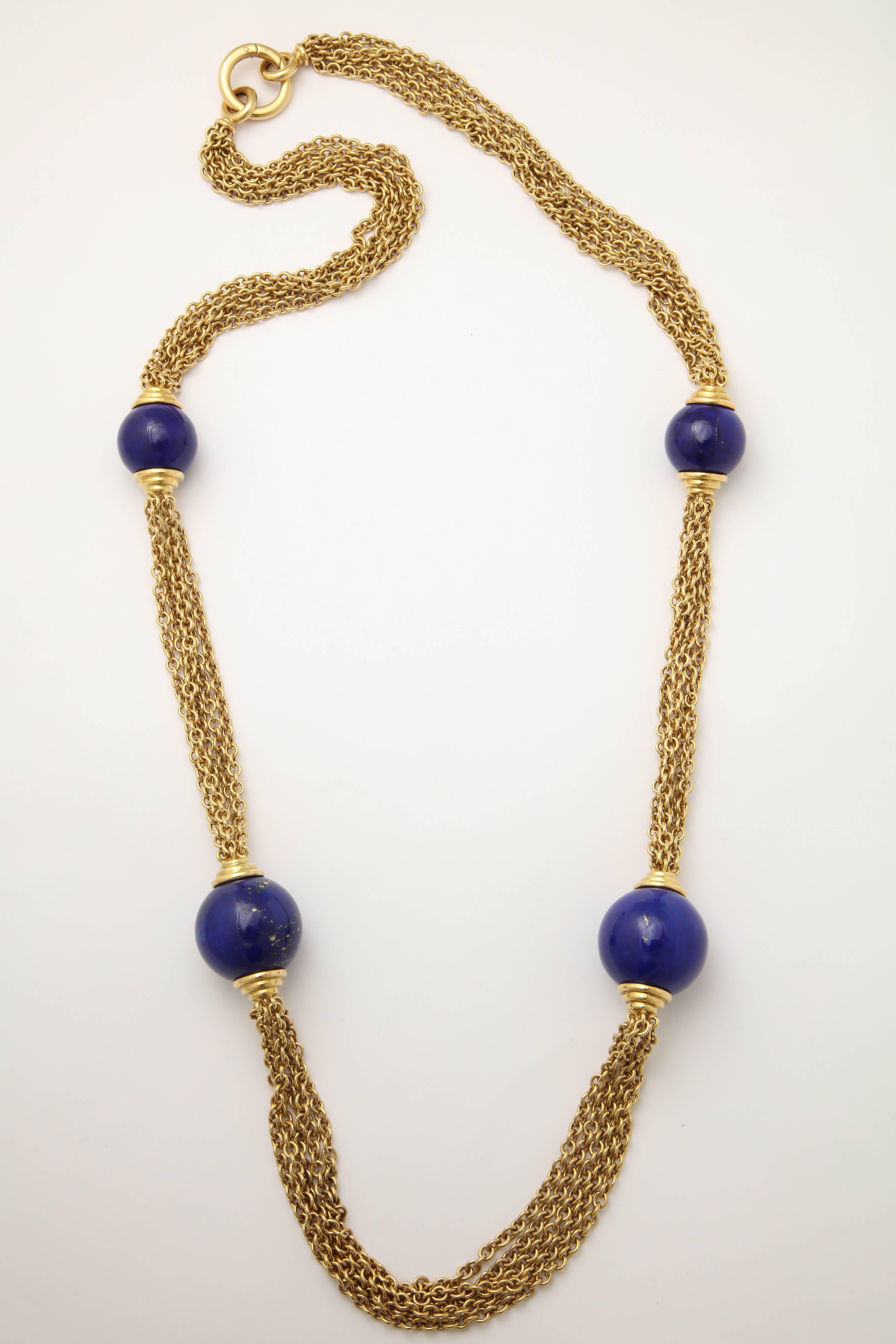 Women's 1970's Five Strand Large Lapis Lazuli Long Gold Open Link Chain Necklac