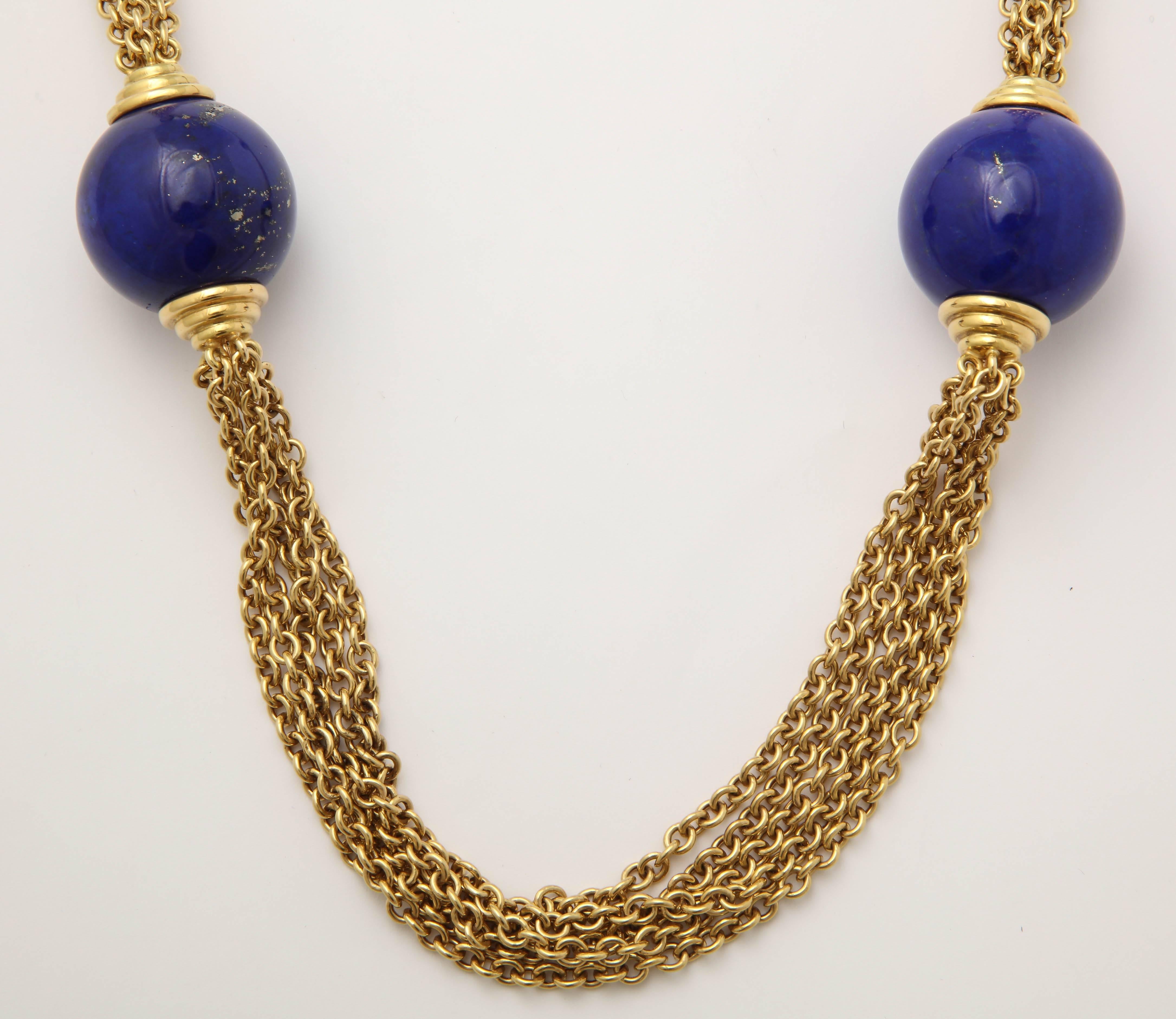 1970's Five Strand Large Lapis Lazuli Long Gold Open Link Chain Necklac 1