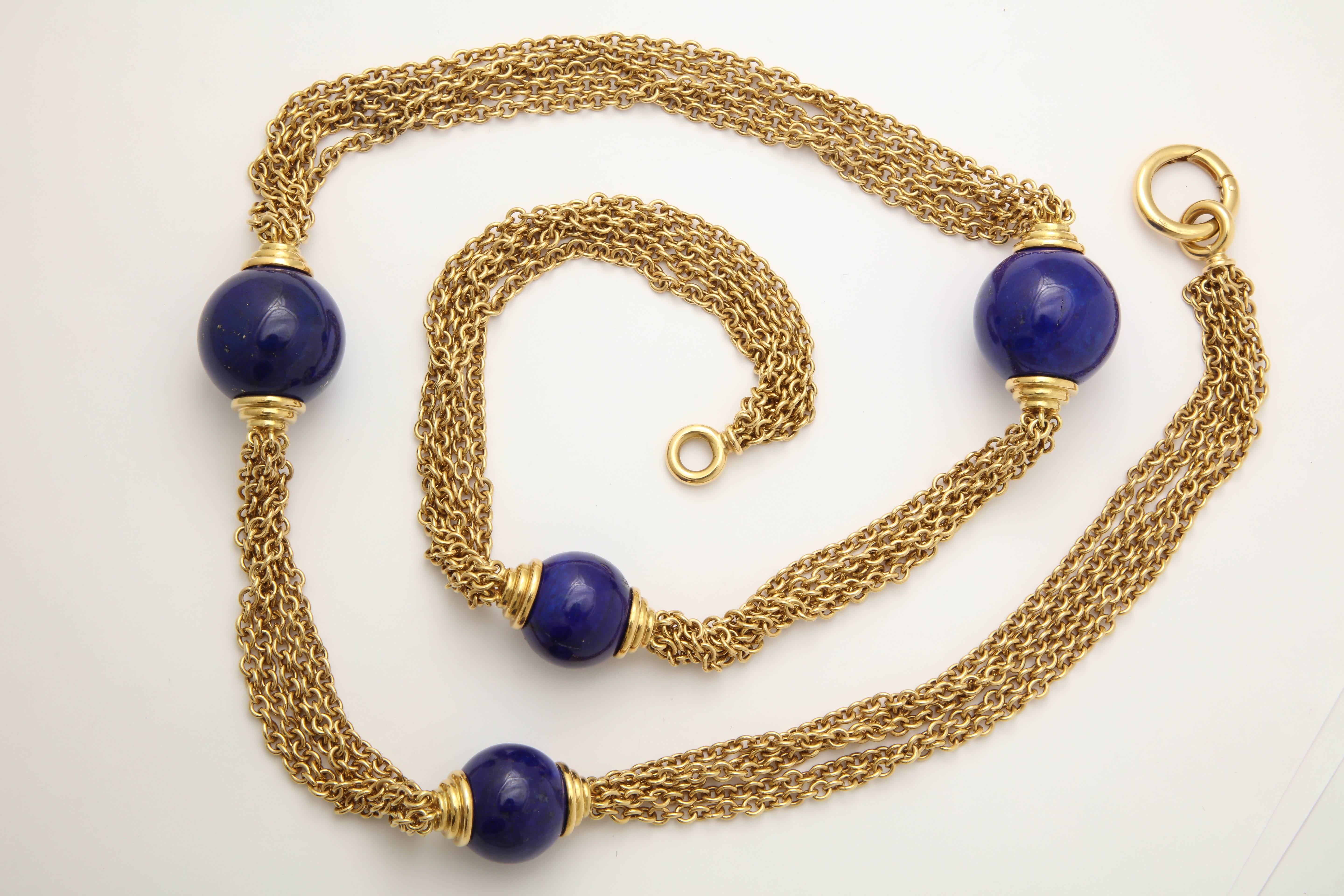 1970's Five Strand Large Lapis Lazuli Long Gold Open Link Chain Necklac 3