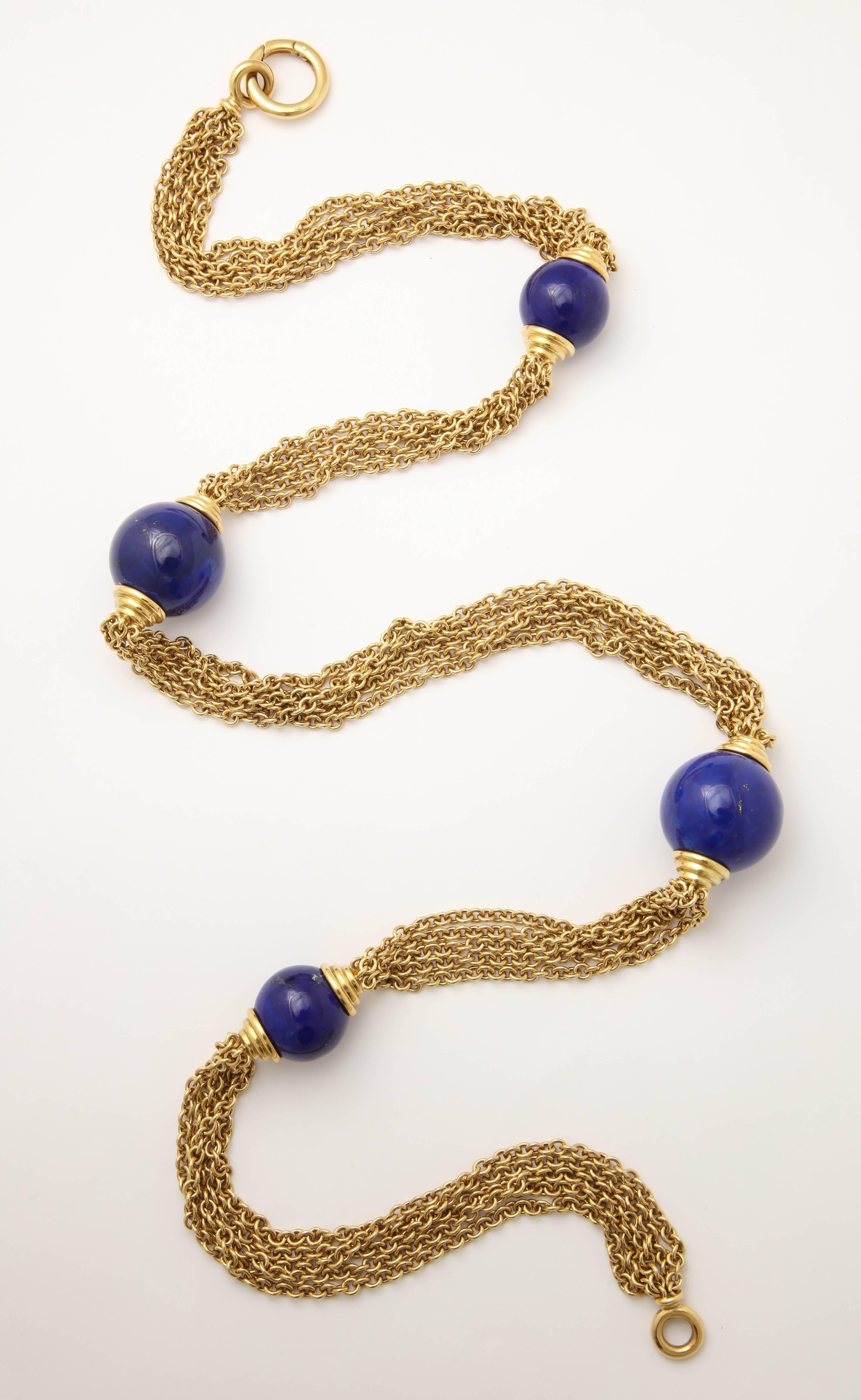 1970's Five Strand Large Lapis Lazuli Long Gold Open Link Chain Necklac 4