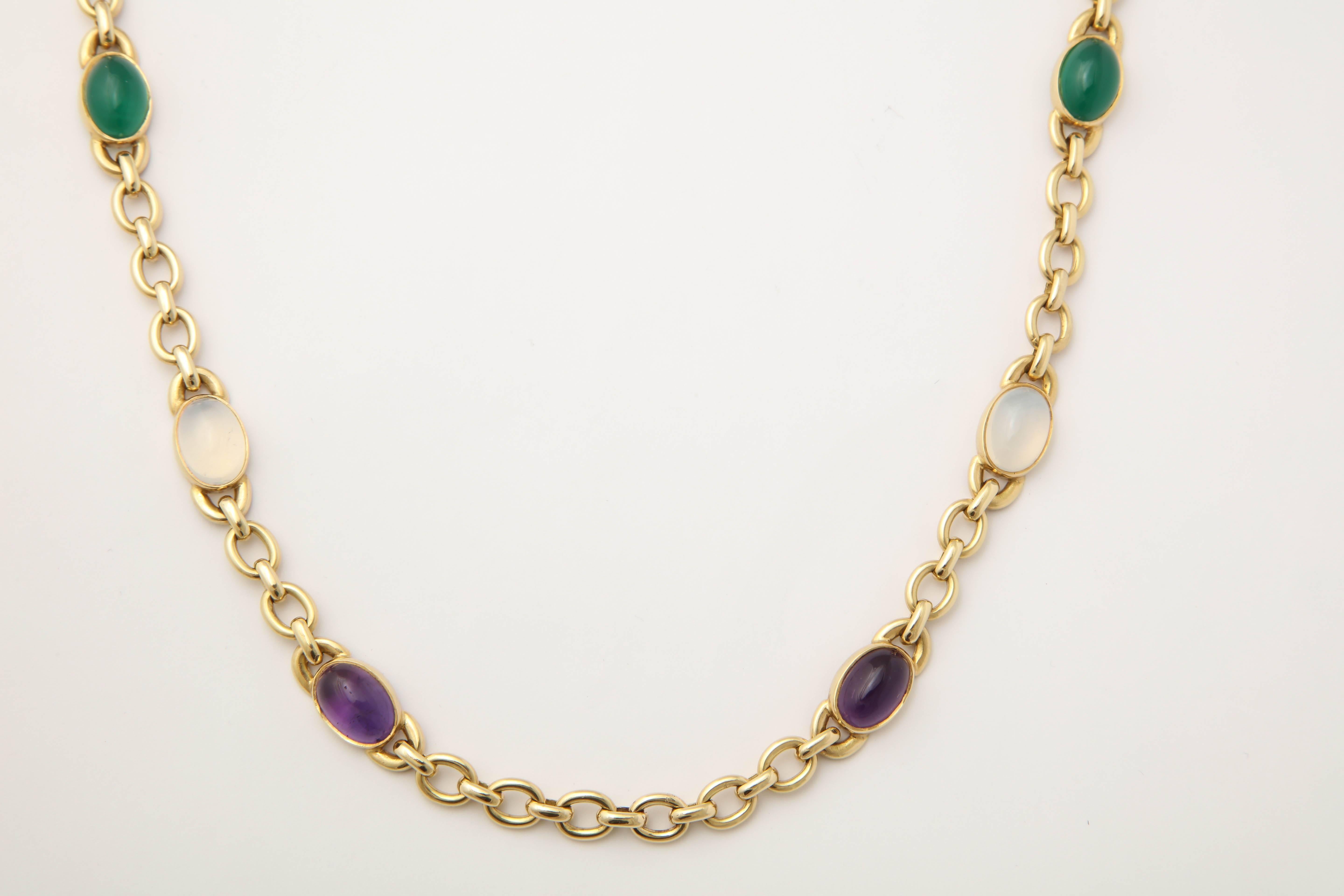 1970's Open Link Amethyst Moonstone Chrysophrase Citrine Gold Chain In Good Condition In New York, NY