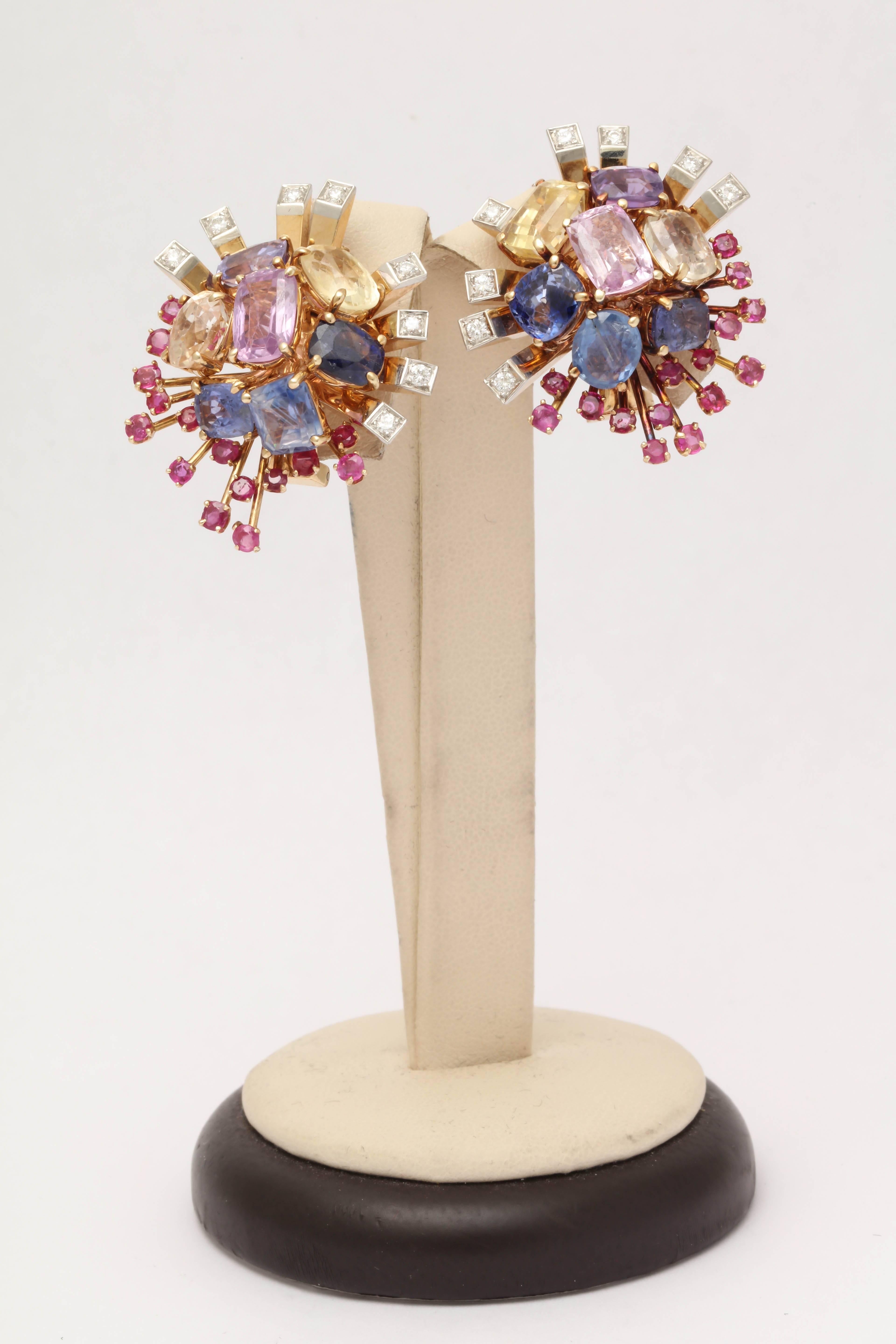 Retro 1940's Multi-Colored Sapphires Ruby Diamond  Bouquet Gold Earclips In Good Condition In New York, NY
