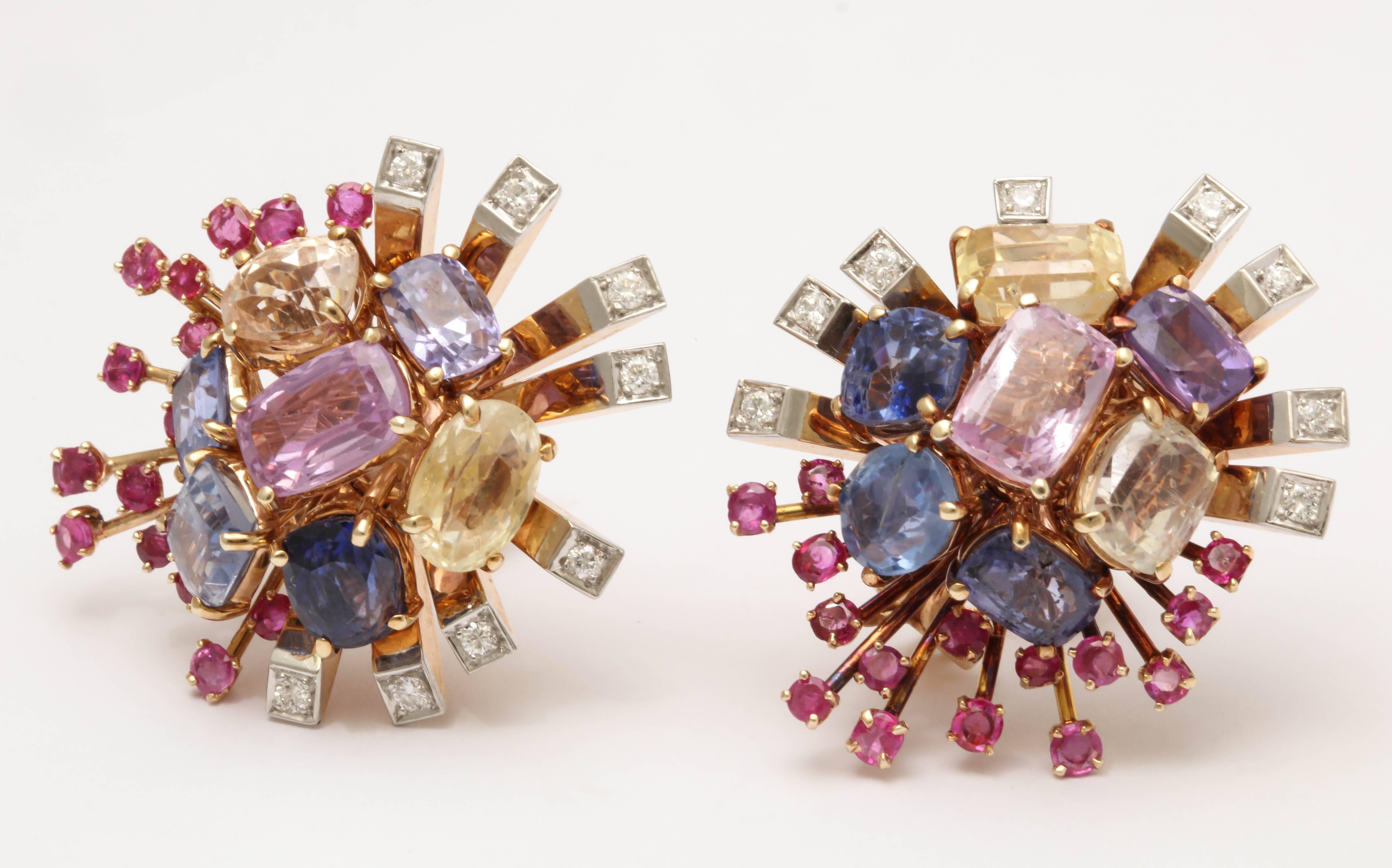 Women's Retro 1940's Multi-Colored Sapphires Ruby Diamond  Bouquet Gold Earclips