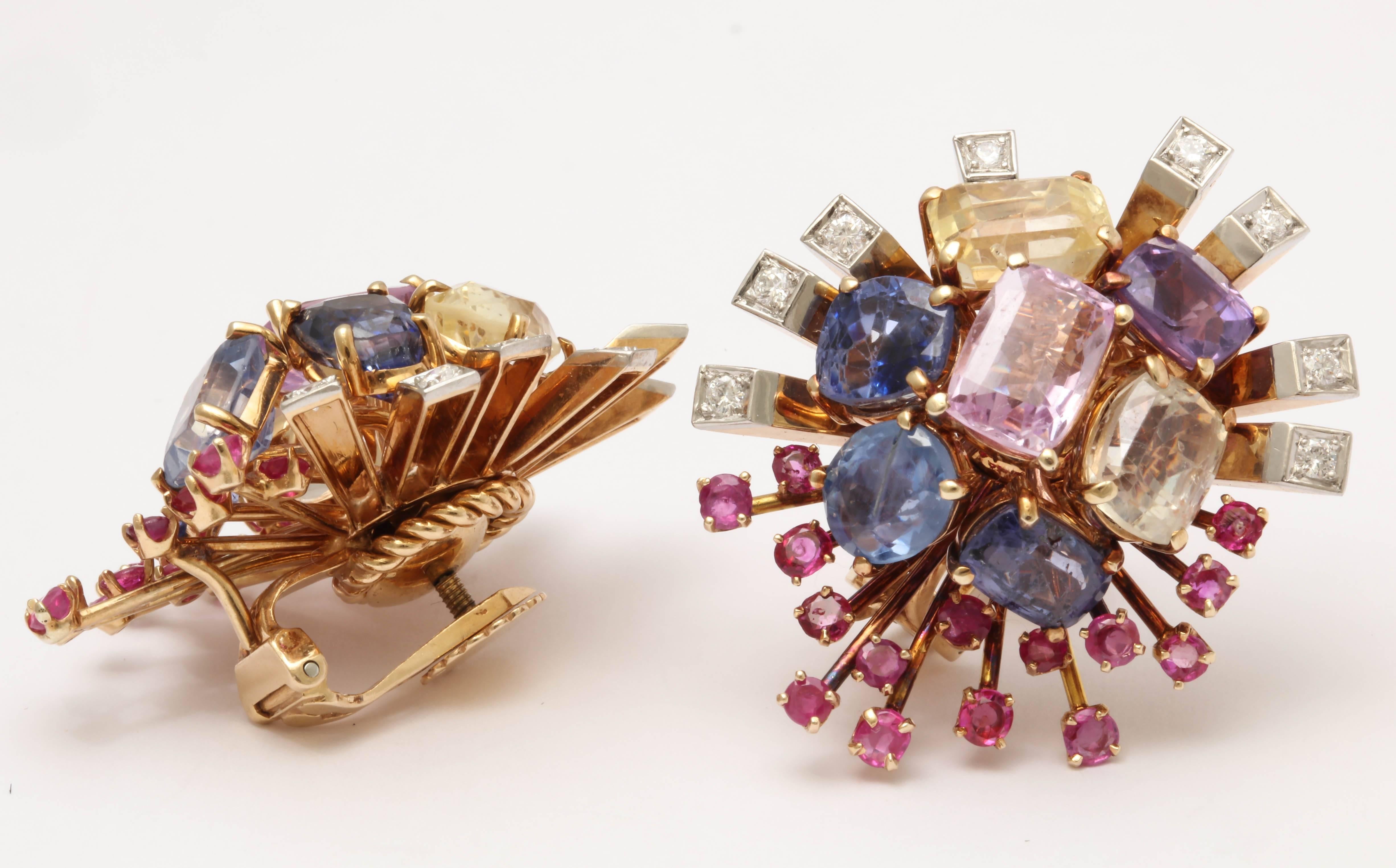Retro 1940's Multi-Colored Sapphires Ruby Diamond  Bouquet Gold Earclips 1