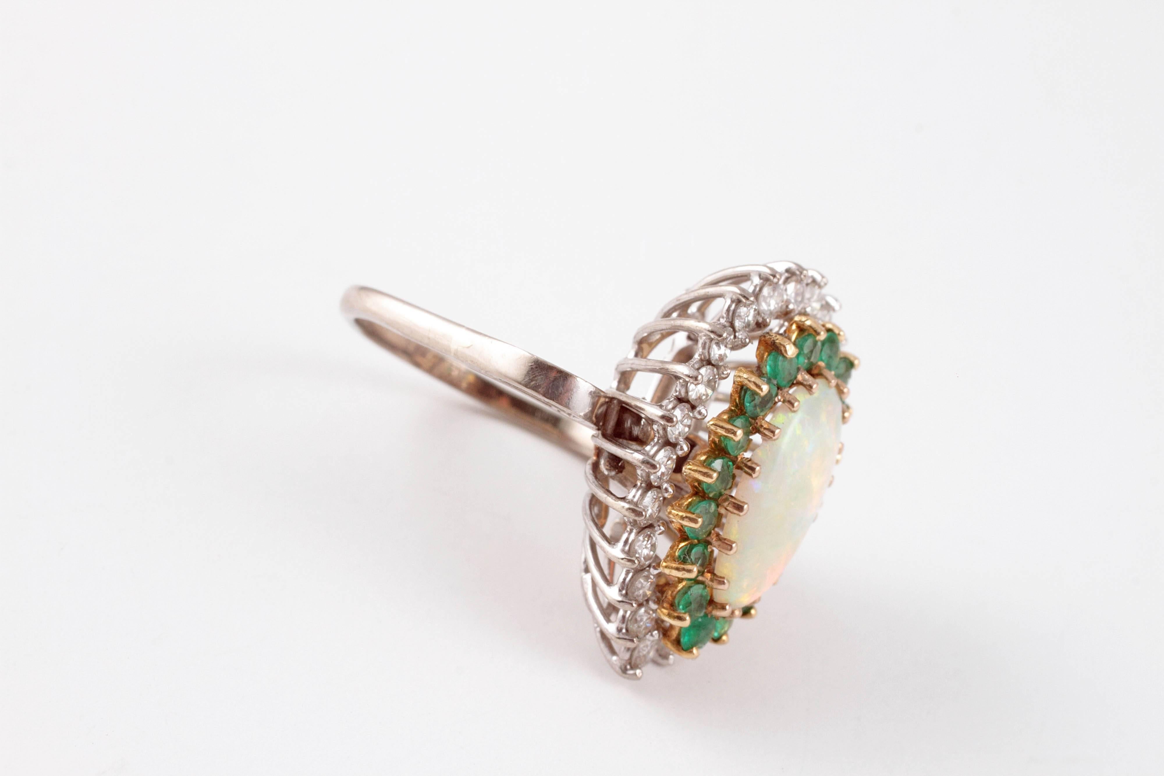 Contemporary 18 Karat White Gold Diamond Opal Emerald Ring-Dant