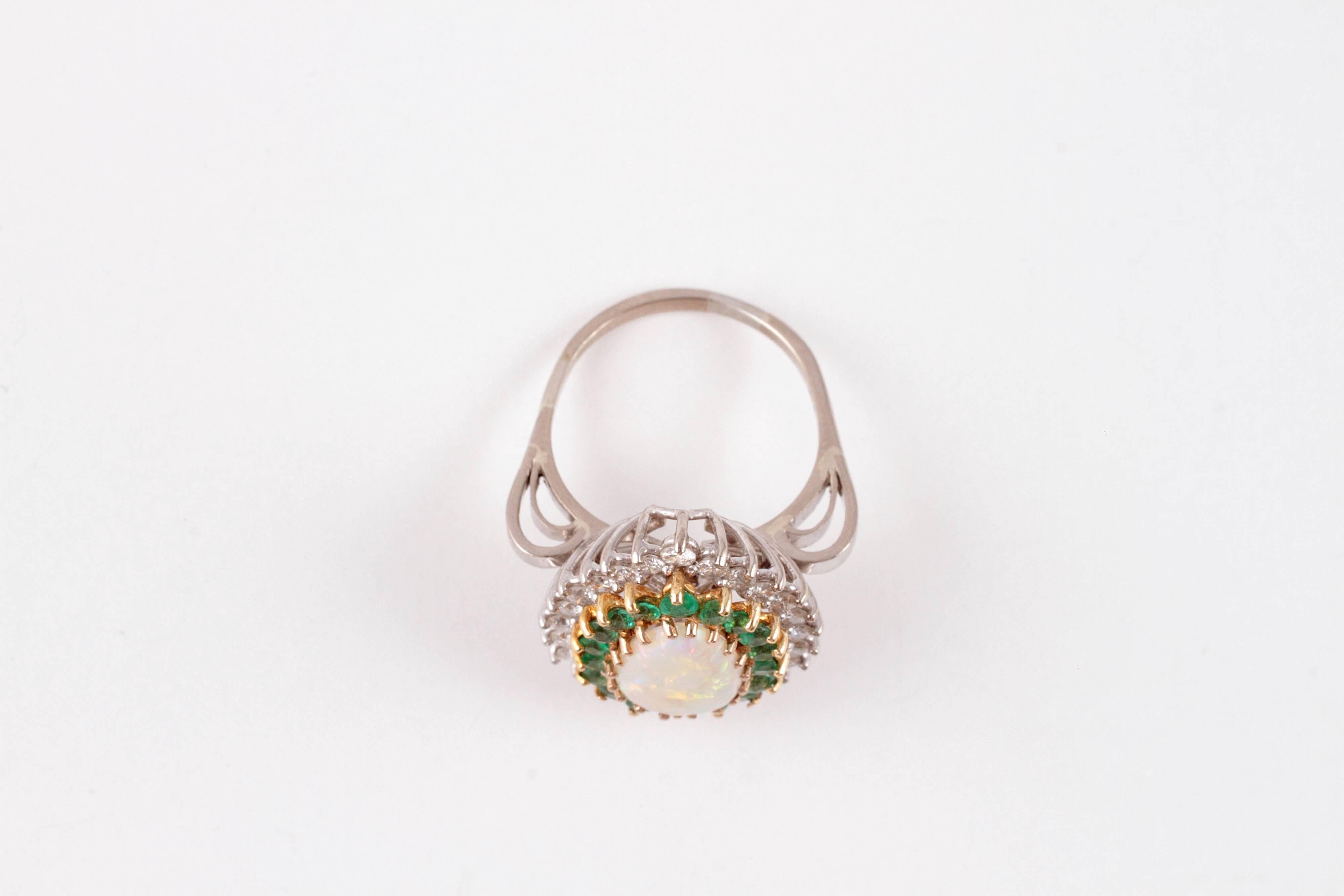 18 Karat White Gold Diamond Opal Emerald Ring-Dant In Excellent Condition In Dallas, TX