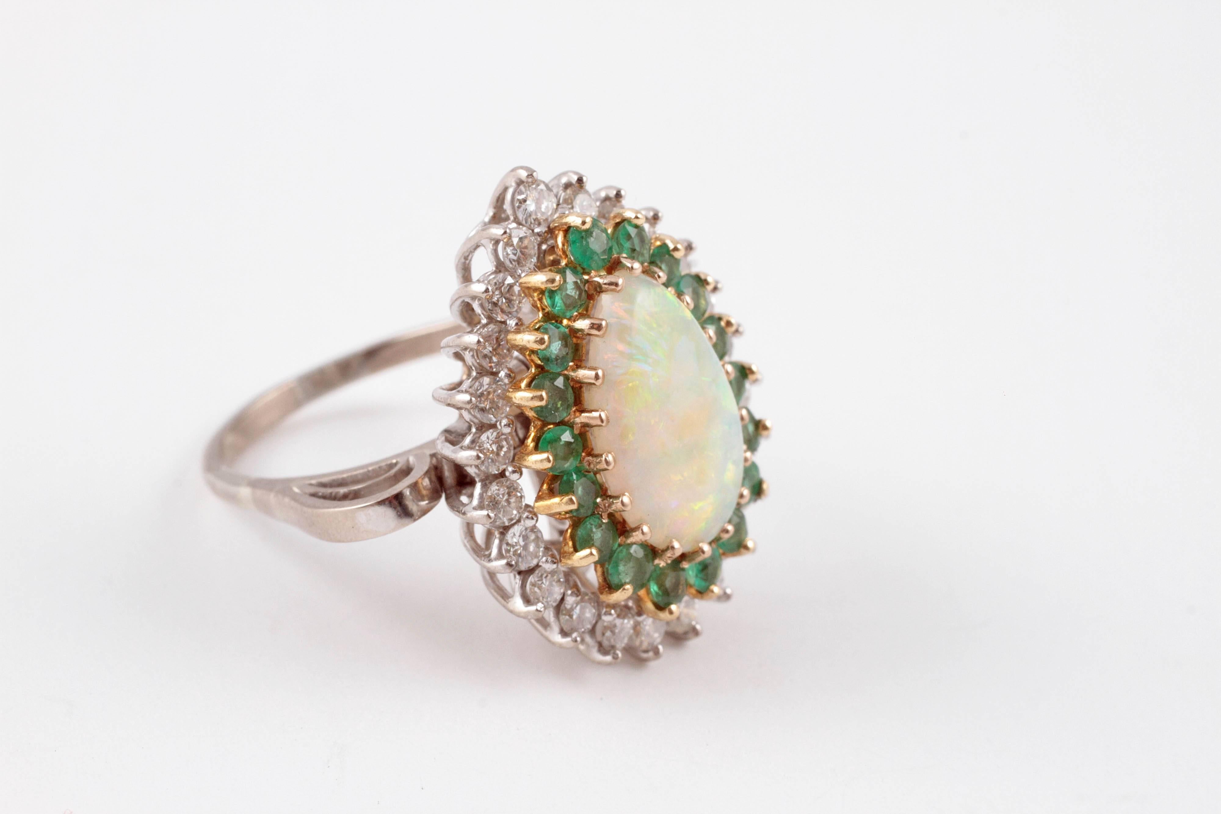 Women's 18 Karat White Gold Diamond Opal Emerald Ring-Dant