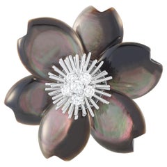 Van Cleef & Arpels Rose de Noel 18K Gold 0.48ct Diamond Mother of Pearl Brooch