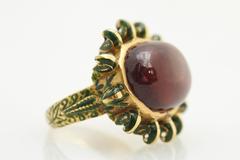Retro Indian Enamel Tourmaline Yellow Gold Ring