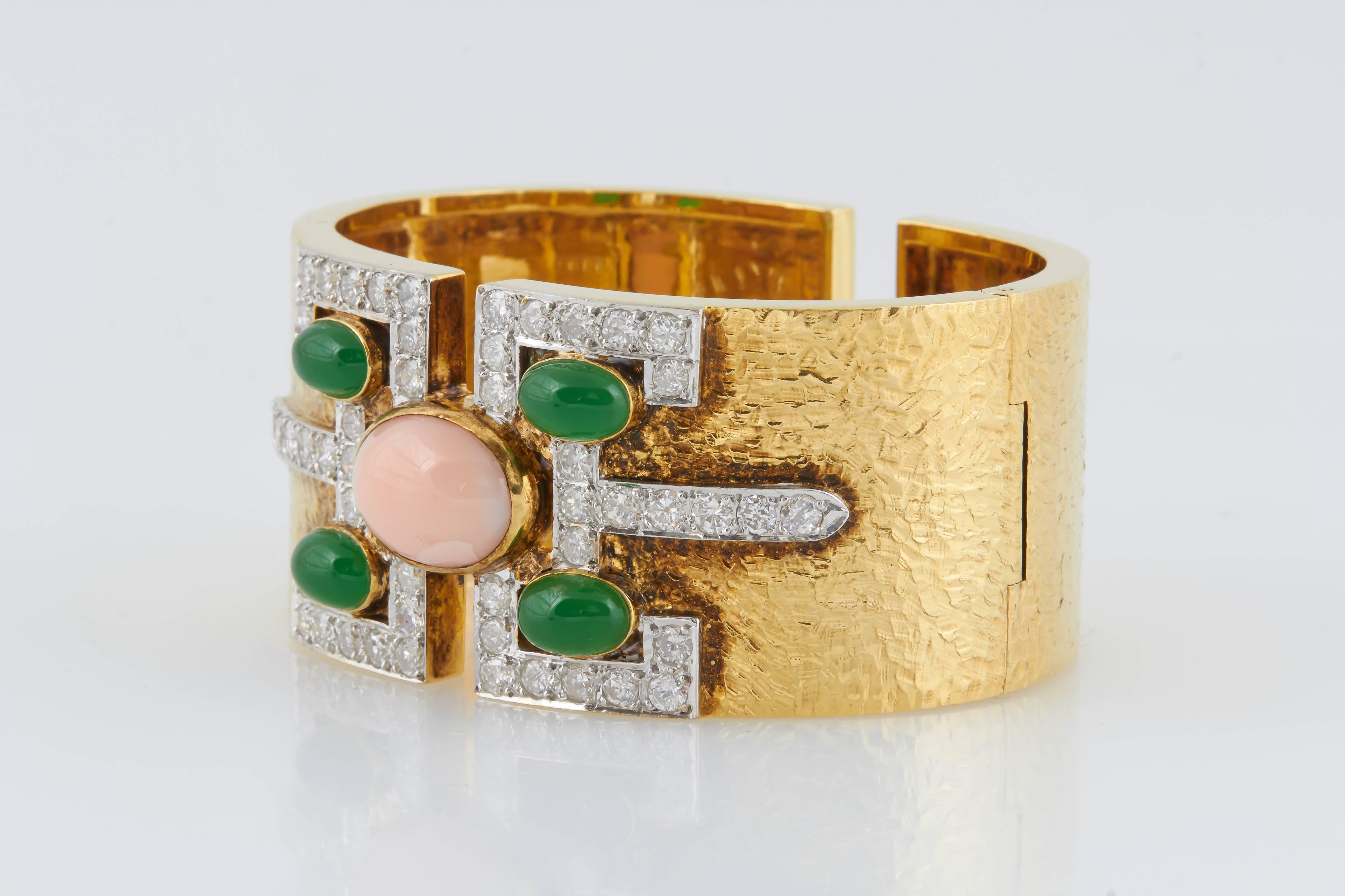 Women's Coral Onyx Diamond Gold Cuff Bracelet