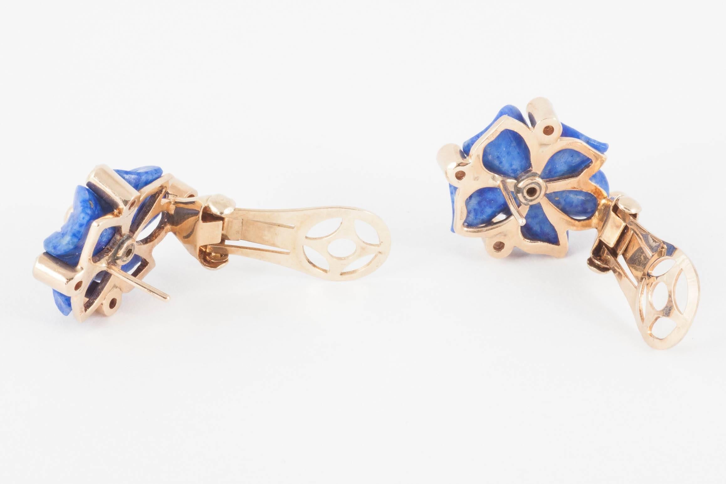 Lapis and Diamond Flower Earrings, French, circa 1950 In New Condition For Sale In London, GB