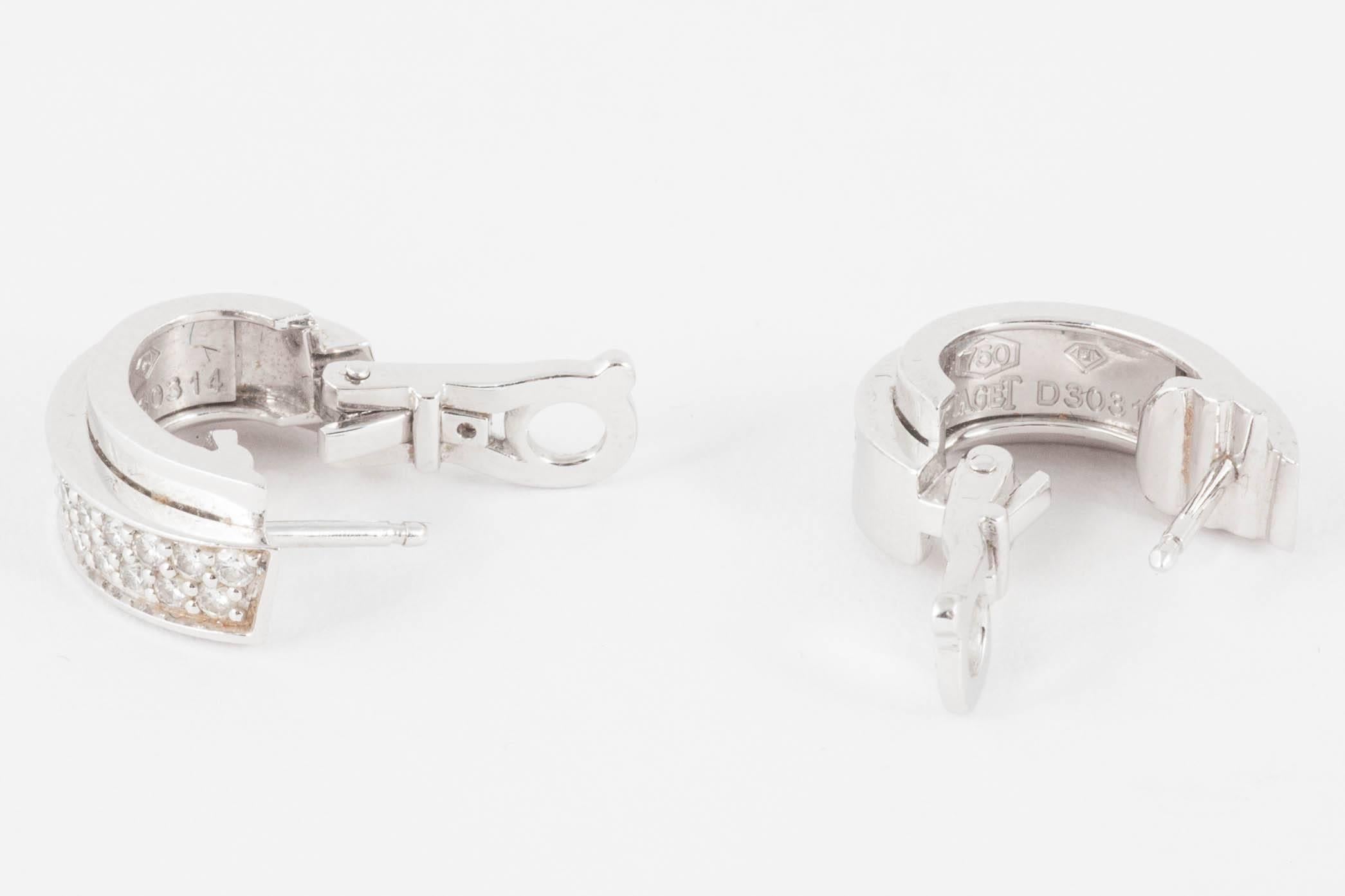 Contemporary Piaget Earrings Creole Shape in 18 Karat White Gold & Diamonds, Swiss circa 1980 For Sale