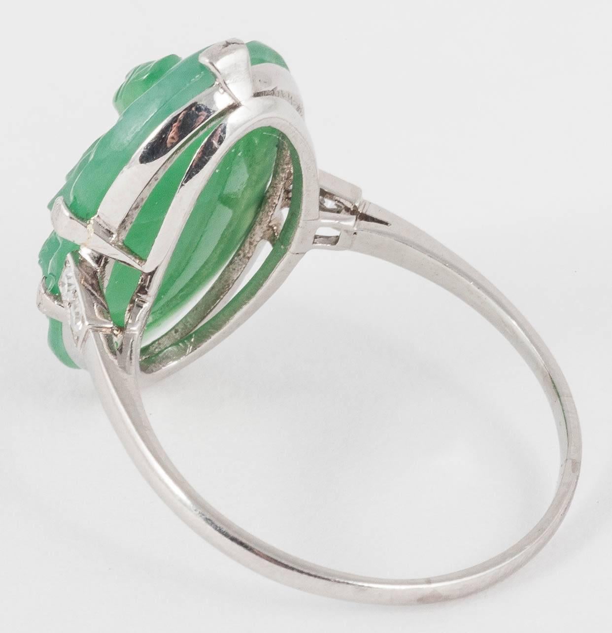 Post-War Natural Carved Jadeite Jade Diamond Gold Ring For Sale