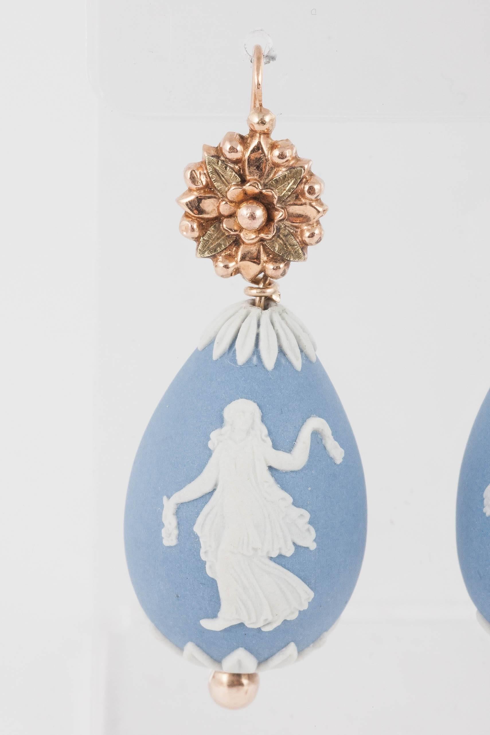 Wedgewood blue and white porcelain drop earrings with French 18ct Gold fittings 